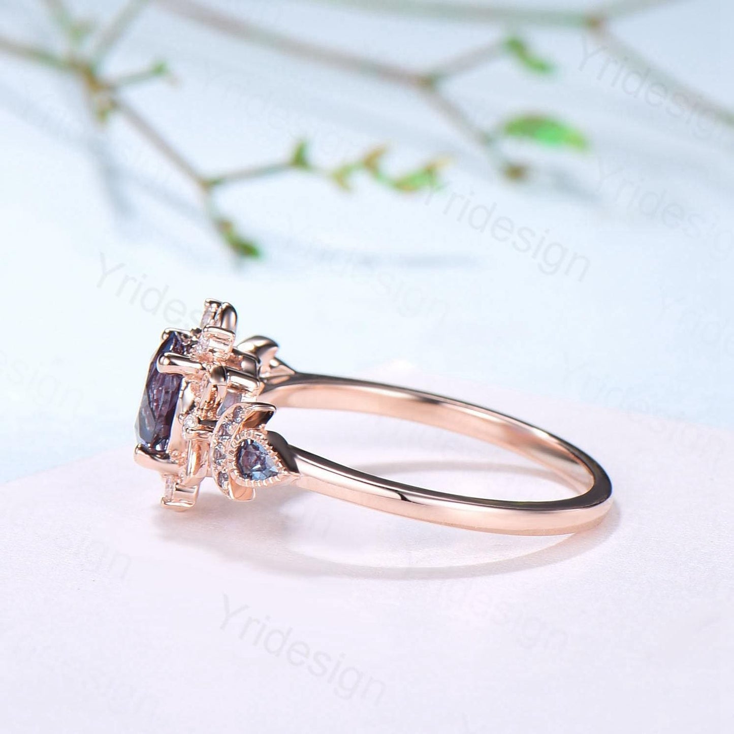 Floral Alexandrite Engagement Ring, Moissanite Diamond Lotus, Rose Gold
