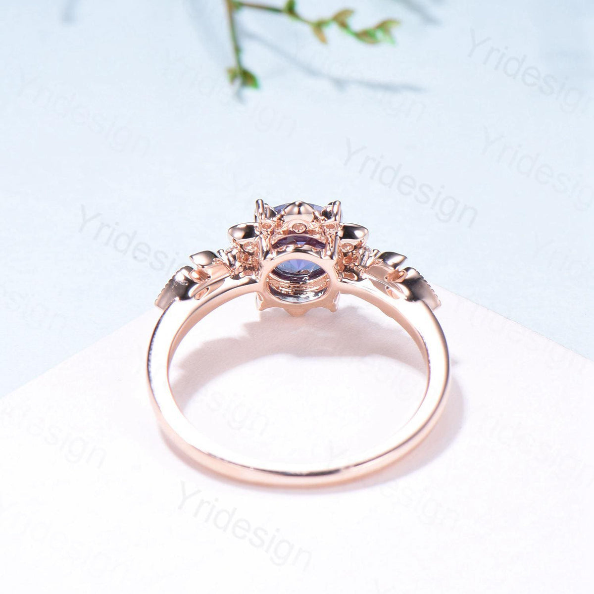 Floral Alexandrite Engagement Ring, Moissanite Diamond Lotus, Rose Gold