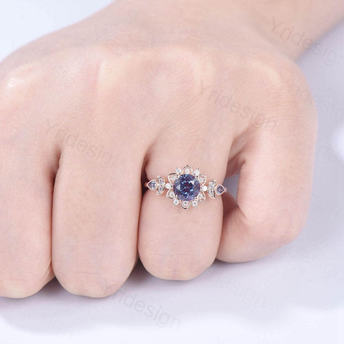 Floral Alexandrite Engagement Ring, Moissanite Diamond Lotus, Rose Gold