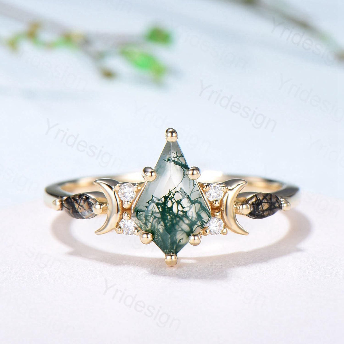 Yellow Gold Kite Cut Moss Agate Engagement Ring, Crescent Moon Star Marquise Black Rutilated Quartz Ring