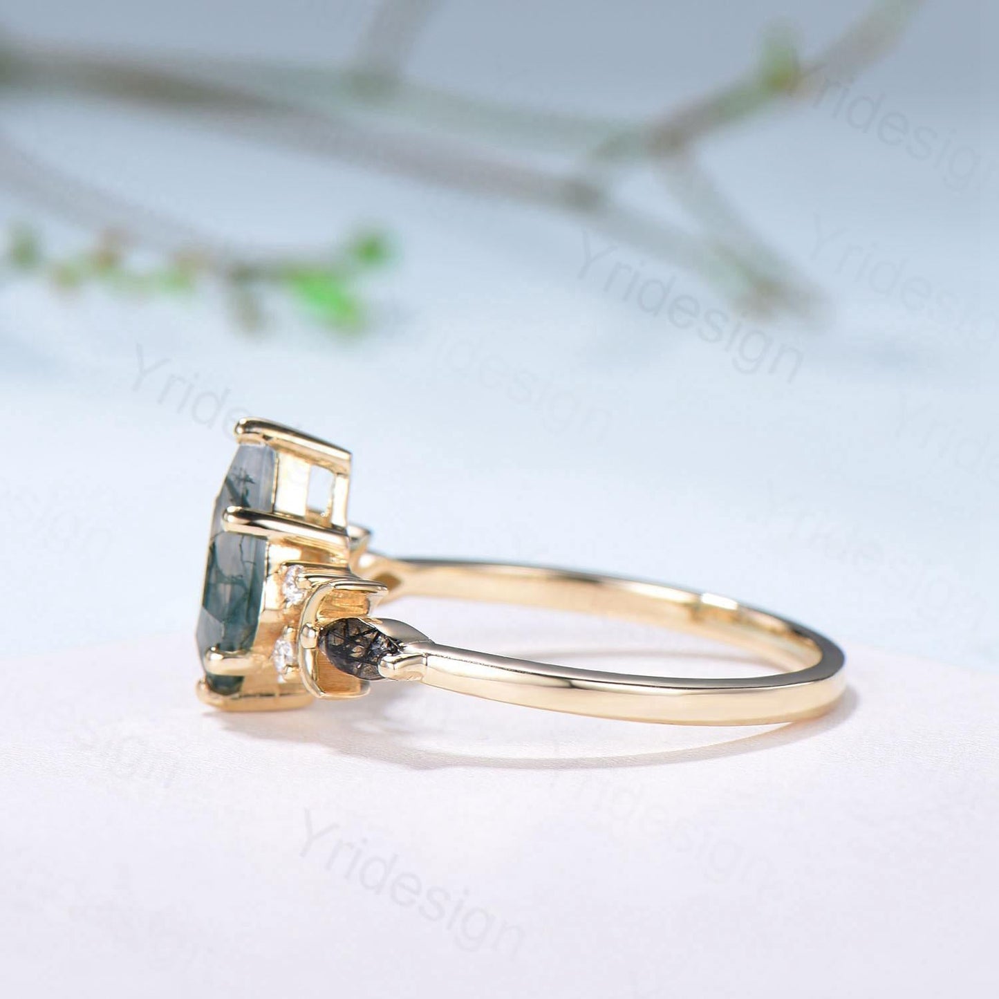 Yellow Gold Kite Cut Moss Agate Engagement Ring, Crescent Moon Star Marquise Black Rutilated Quartz Ring