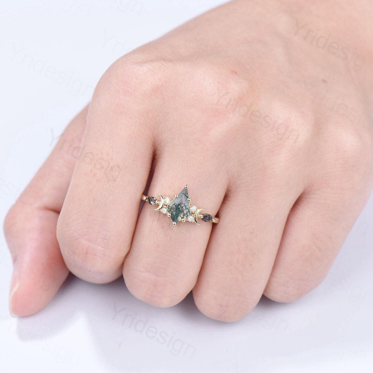 Yellow Gold Kite Cut Moss Agate Engagement Ring, Crescent Moon Star Marquise Black Rutilated Quartz Ring