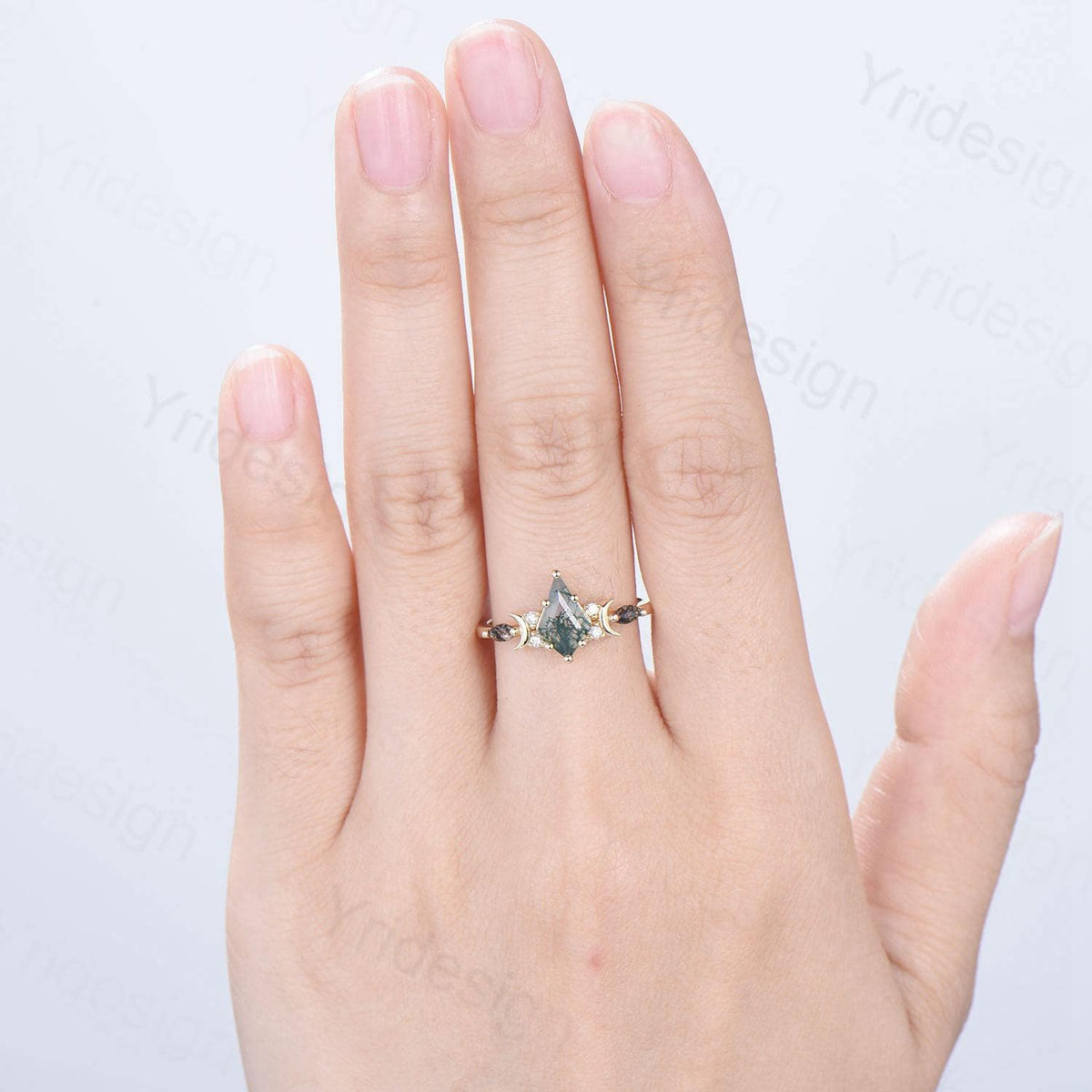 Yellow Gold Kite Cut Moss Agate Engagement Ring, Crescent Moon Star Marquise Black Rutilated Quartz Ring