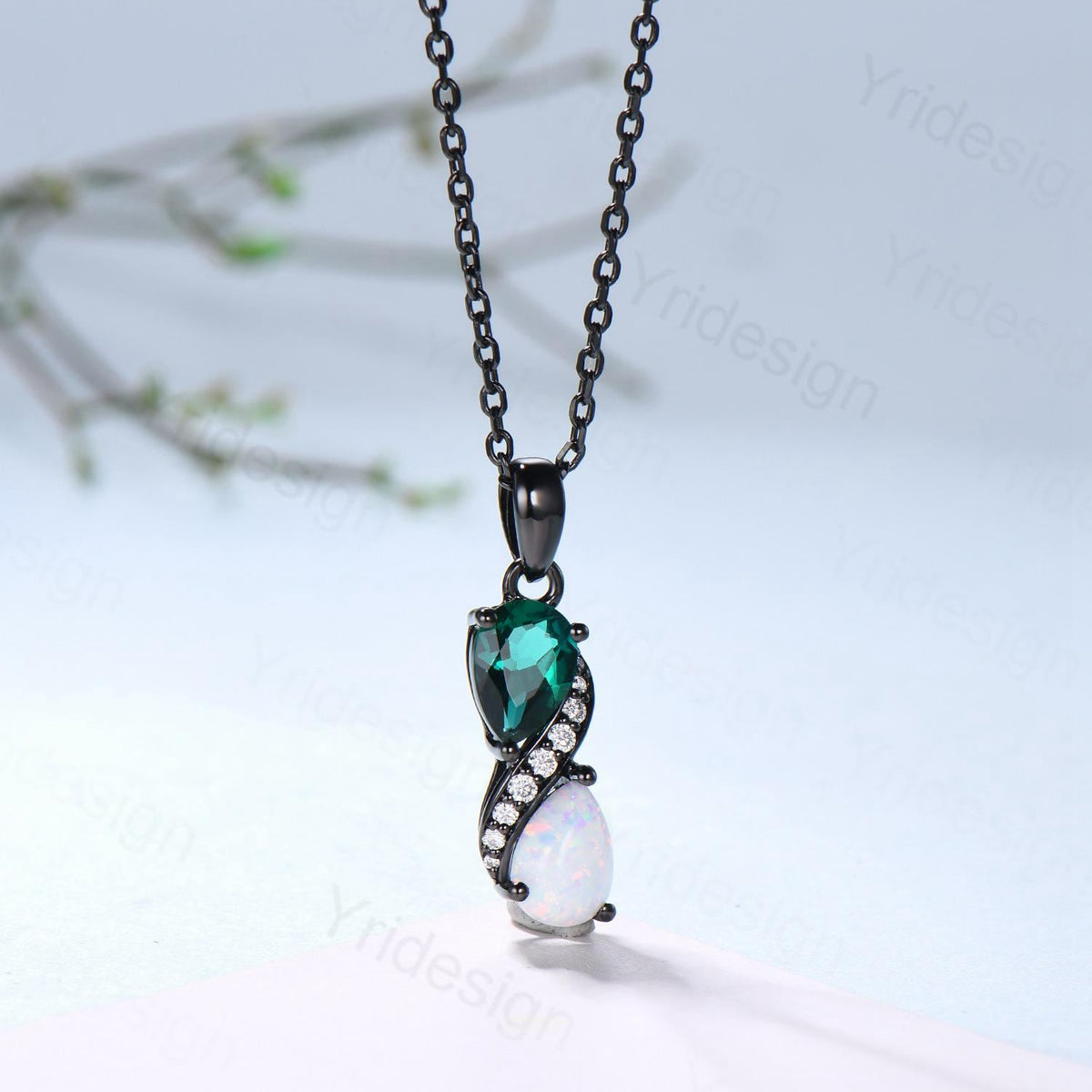 Blace Gold Pear Shaped Opal Emerald Necklace, Moissanite Diamond Accent, Snake Pendant