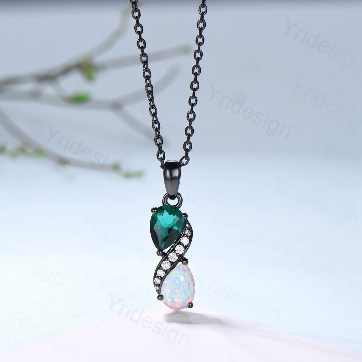 Blace Gold Pear Shaped Opal Emerald Necklace, Moissanite Diamond Accent, Snake Pendant