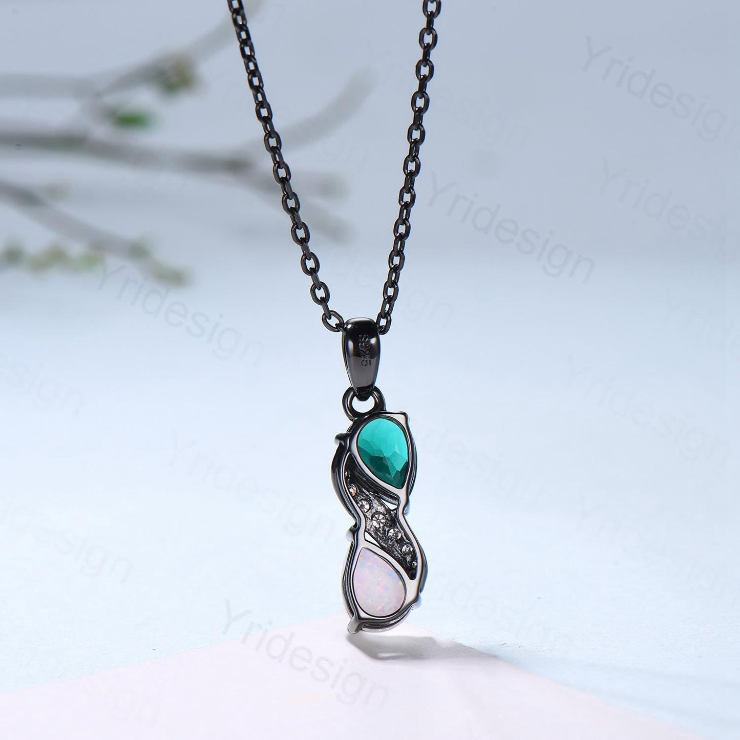 Blace Gold Pear Shaped Opal Emerald Necklace, Moissanite Diamond Accent, Snake Pendant