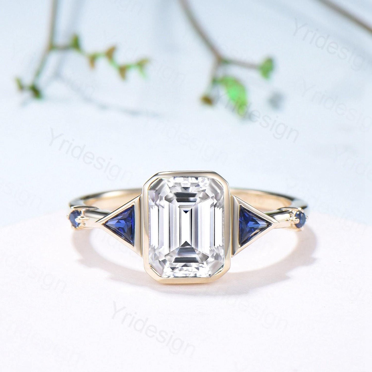 Emerald Cut Moissanite Engagement Ring, Five Stone Trillion Blue Sapphire Accents