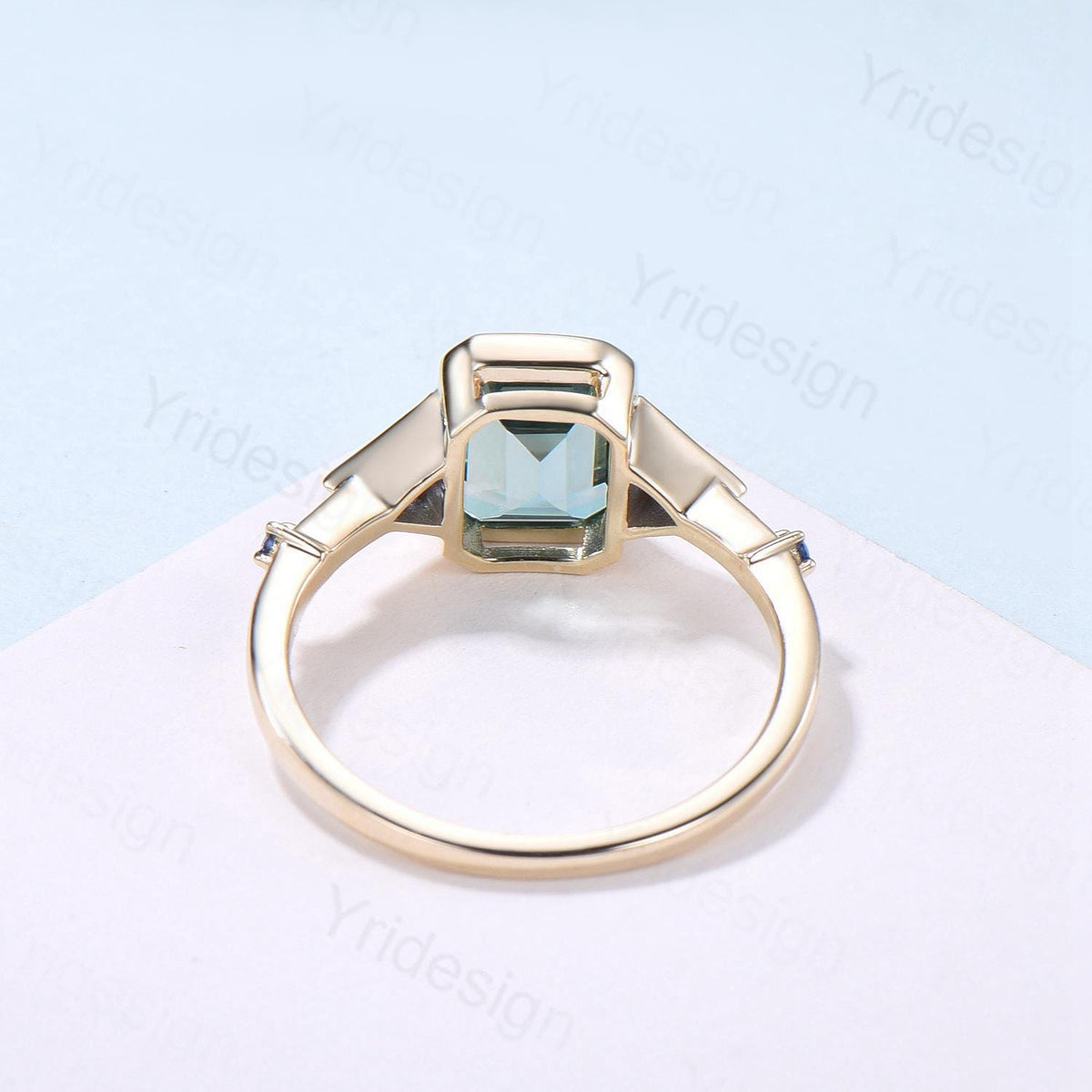 Emerald Cut Moissanite Engagement Ring, Five Stone Trillion Blue Sapphire Accents