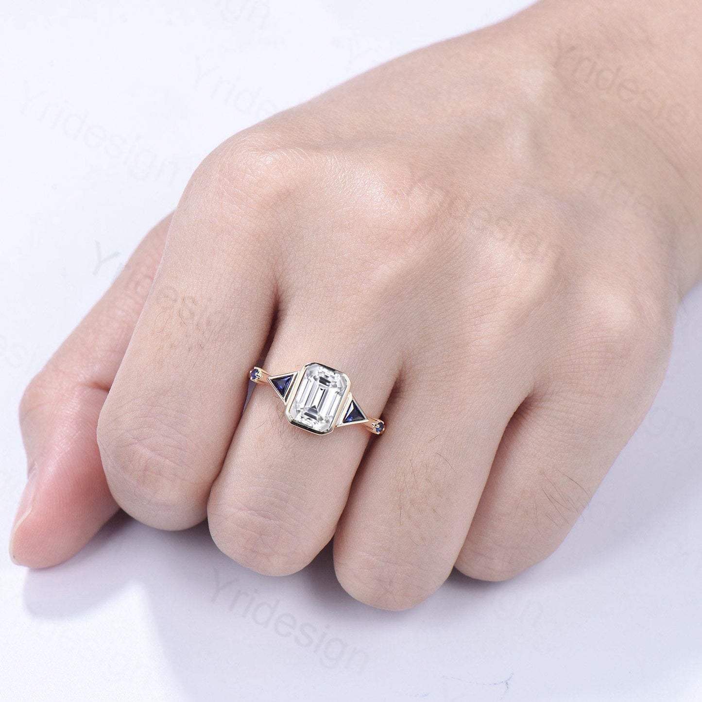 Emerald Cut Moissanite Engagement Ring, Five Stone Trillion Blue Sapphire Accents