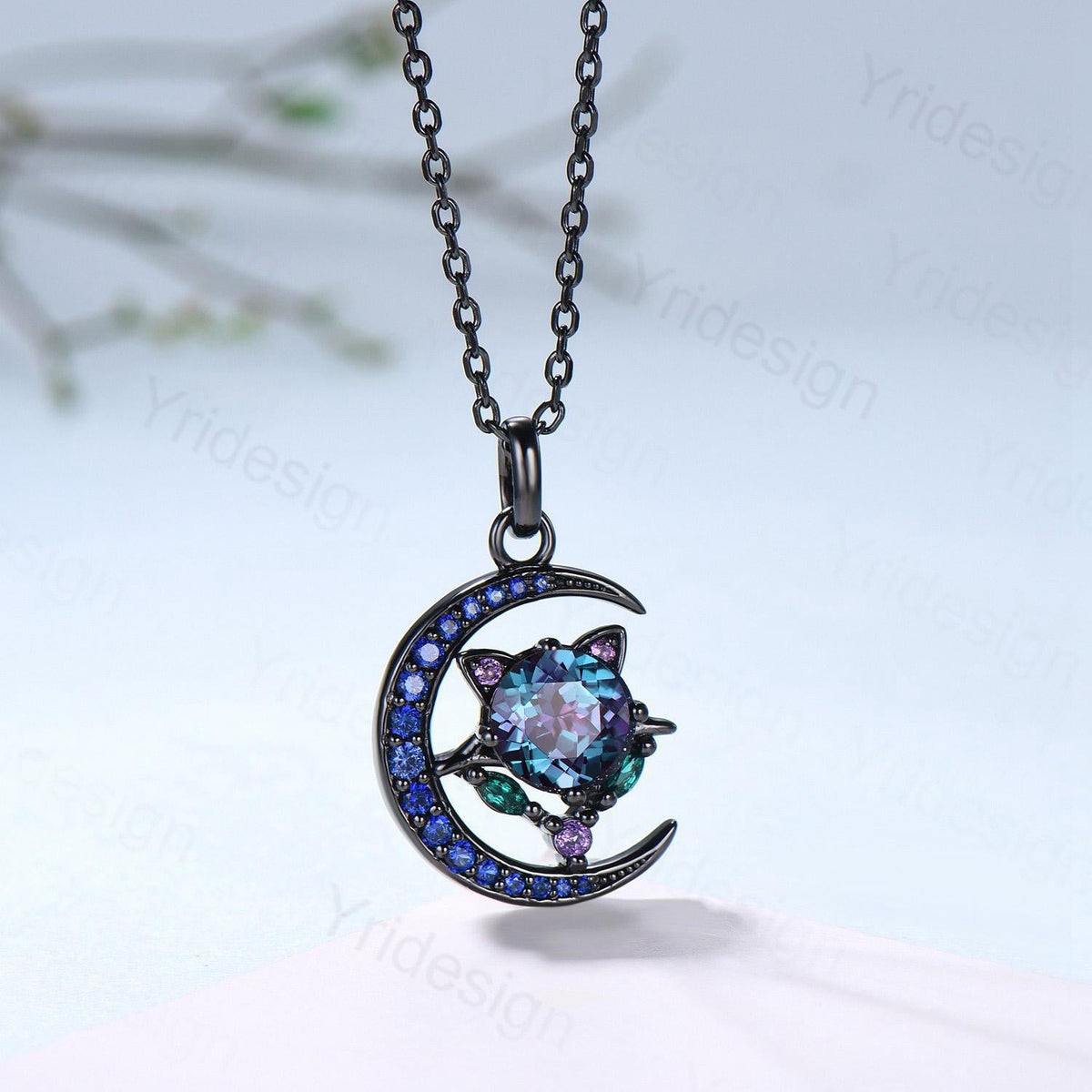 Unique Black Gold Alexandrite Necklace Magic Crescent Moon Devil Pendant Necklace Sapphire Emerald Gothic Anniversary Gift for Daughter