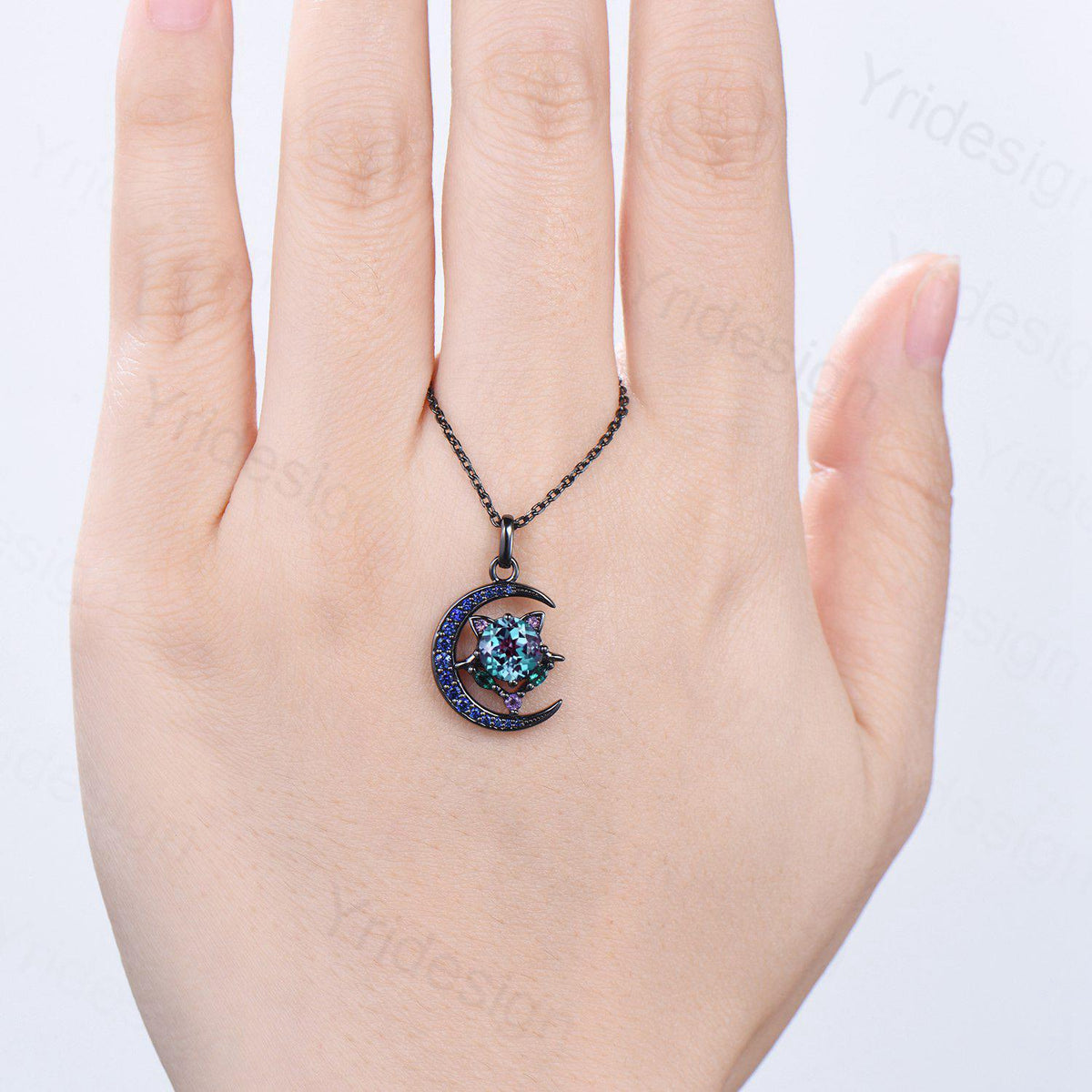 Unique Black Gold Alexandrite Necklace Magic Crescent Moon Devil Pendant Necklace Sapphire Emerald Gothic Anniversary Gift for Daughter