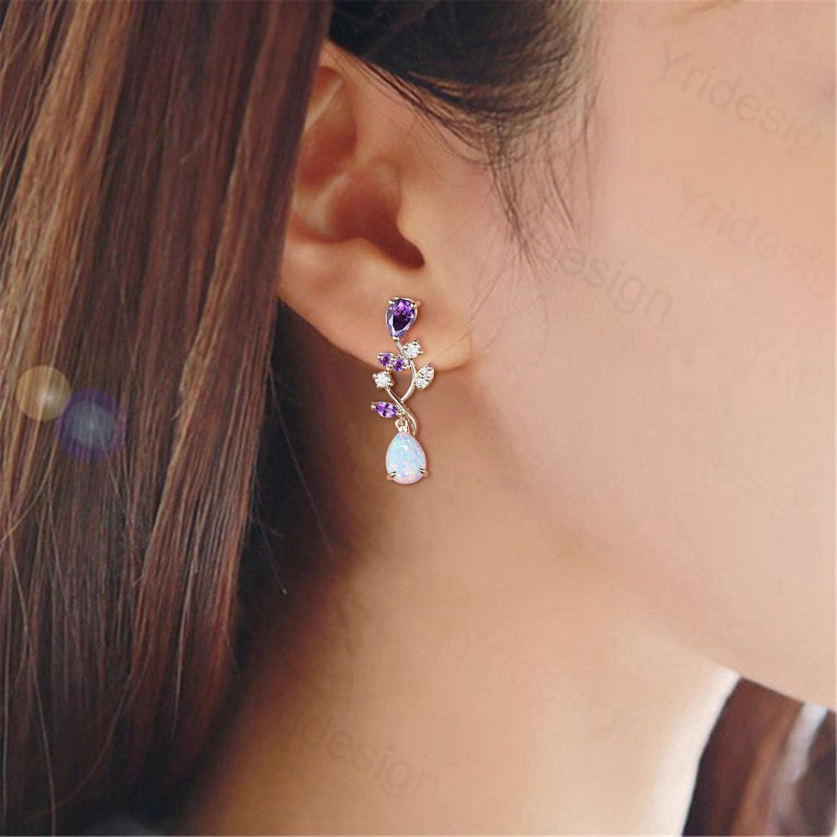 Nature Inspired Opal Earrings Amethyst Pear Shaped White Fire Opal Leaf Stud Earrings Silver Earrings Handmade Anniversary Promise Gift