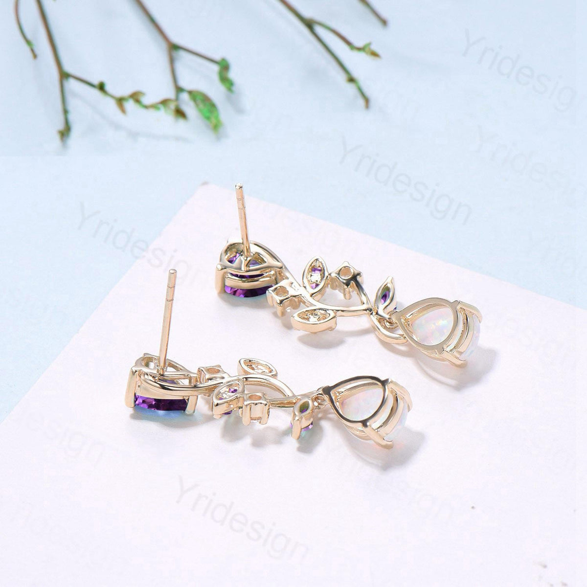 Nature Inspired Opal Earrings Amethyst Pear Shaped White Fire Opal Leaf Stud Earrings Silver Earrings Handmade Anniversary Promise Gift