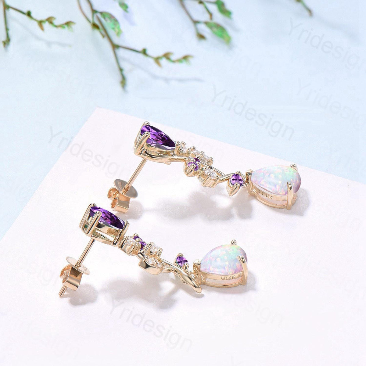 Nature Inspired Opal Earrings Amethyst Pear Shaped White Fire Opal Leaf Stud Earrings Silver Earrings Handmade Anniversary Promise Gift