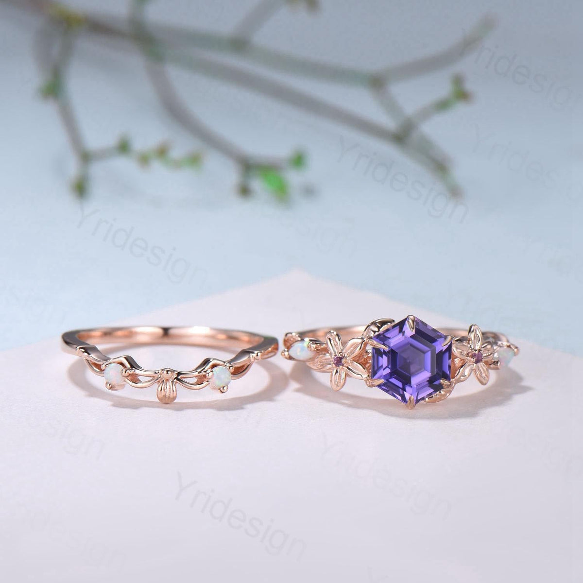 Enchanted Purple Sapphire Ring with Opal Accents | Rose Gold Floral Vine Wrap Design | Unique Sep Birthstone Statement Ring for Her