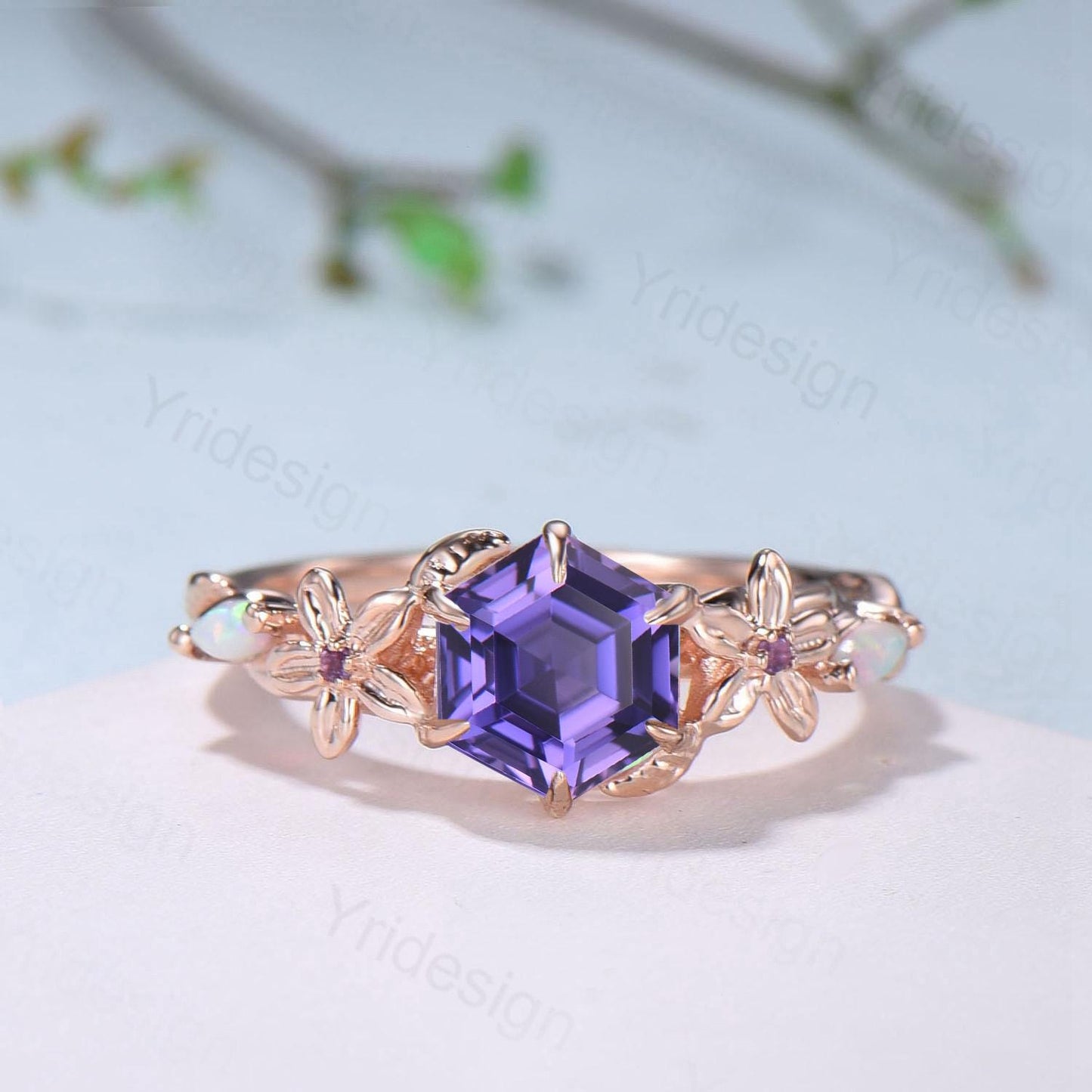 Enchanted Purple Sapphire Ring with Opal Accents | Rose Gold Floral Vine Wrap Design | Unique Sep Birthstone Statement Ring for Her