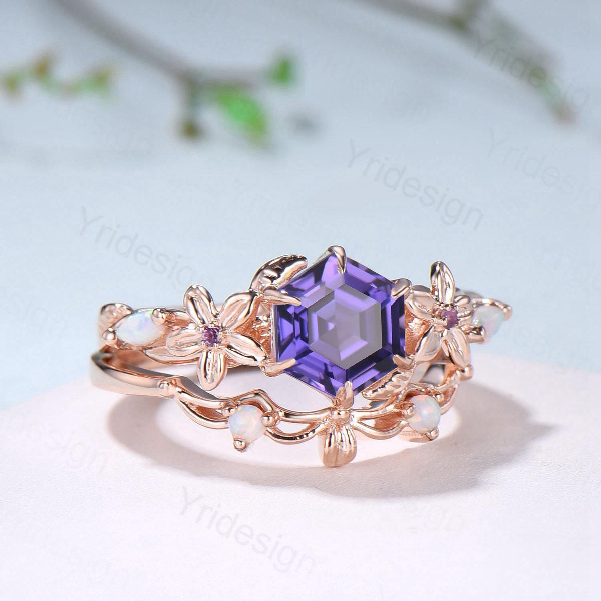 Enchanted Purple Sapphire Ring with Opal Accents | Rose Gold Floral Vine Wrap Design | Unique Sep Birthstone Statement Ring for Her