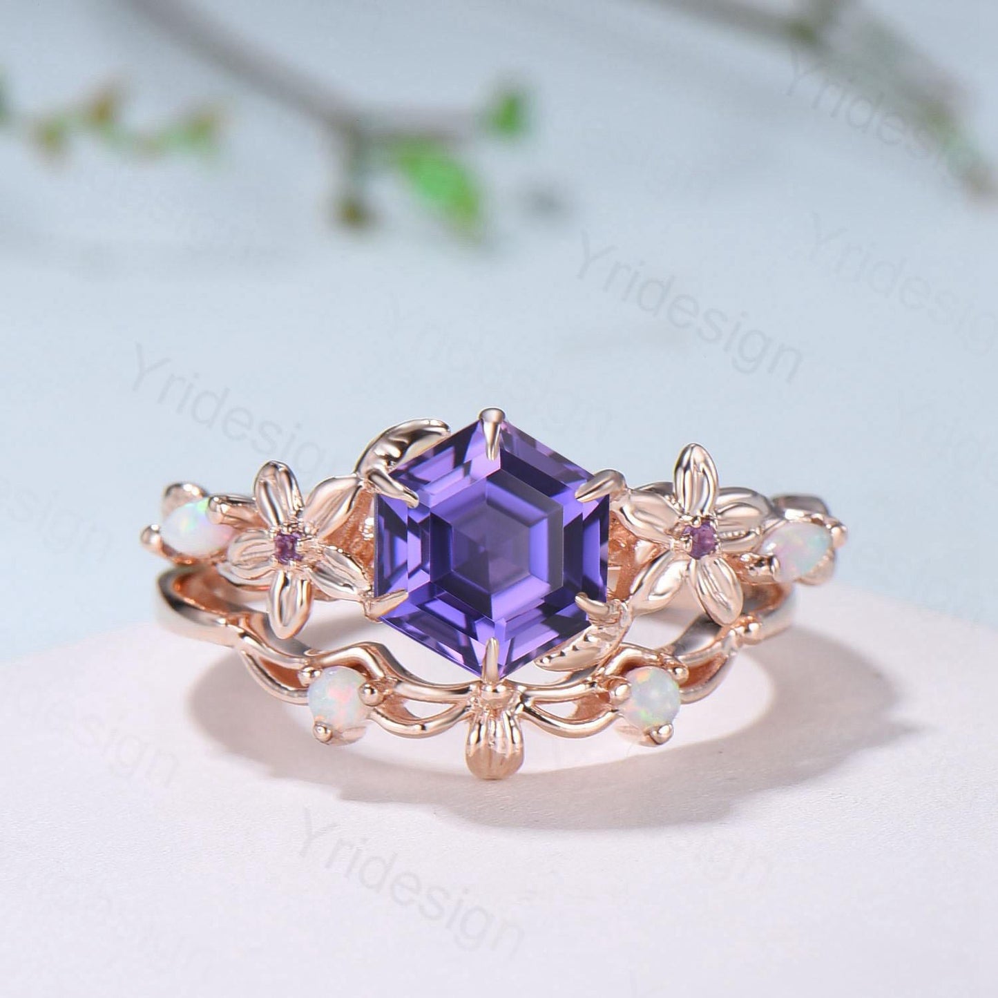 Enchanted Purple Sapphire Ring with Opal Accents | Rose Gold Floral Vine Wrap Design | Unique Sep Birthstone Statement Ring for Her
