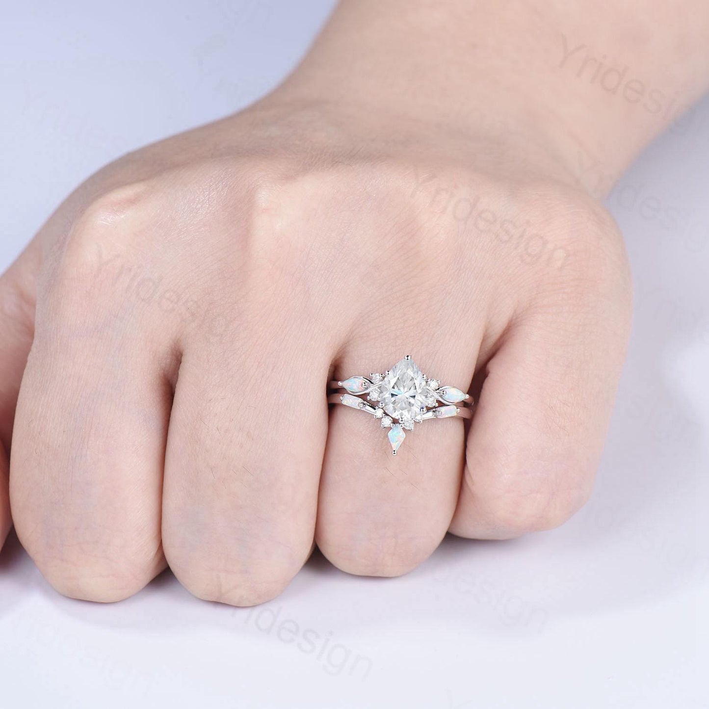 Vintage Pear Shaped Moissanite Wedding Ring Set, White Gold Accent Opal Stacking Band, Unique Moissanite Engagement Ring For Women