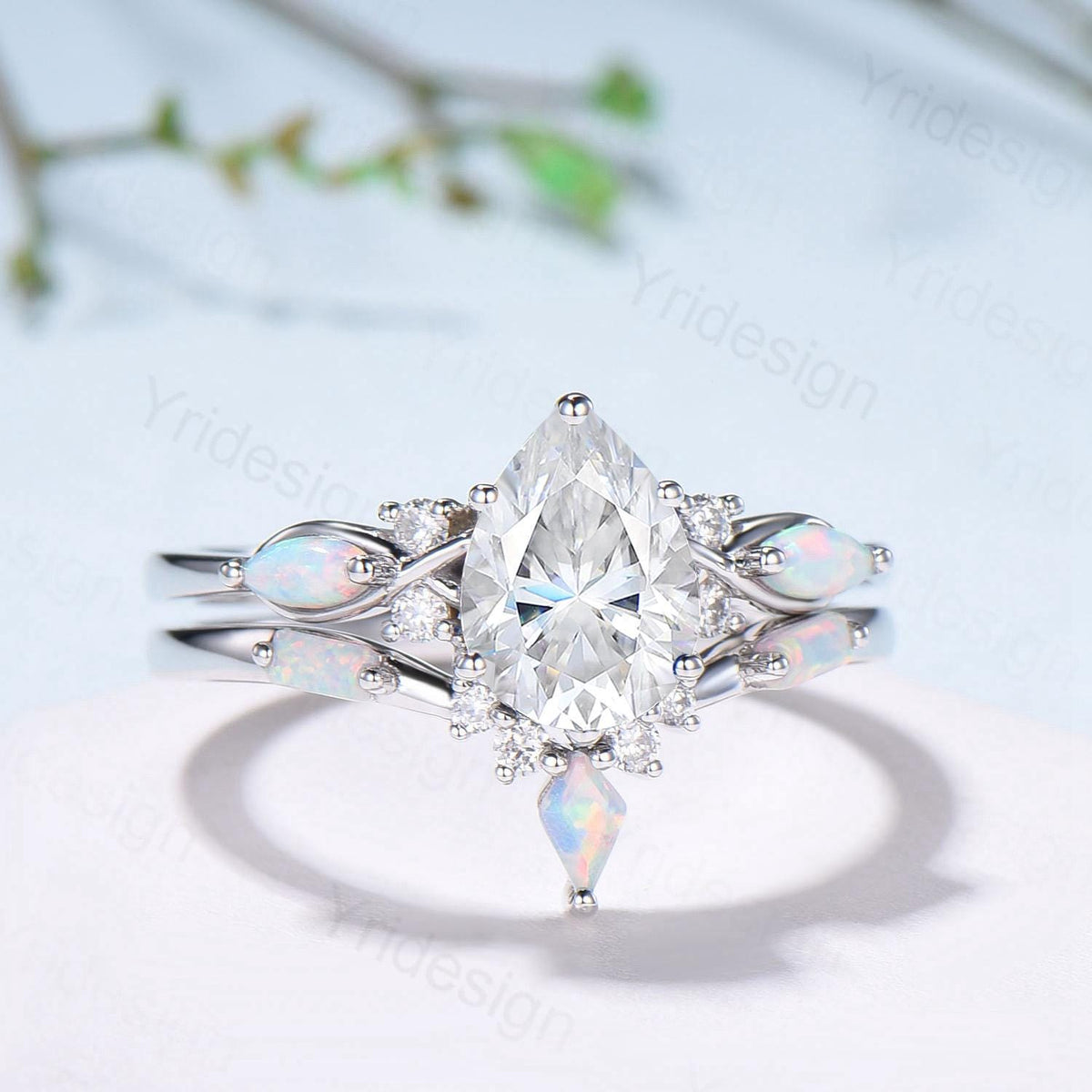 Vintage Pear Shaped Moissanite Wedding Ring Set, White Gold Accent Opal Stacking Band, Unique Moissanite Engagement Ring For Women