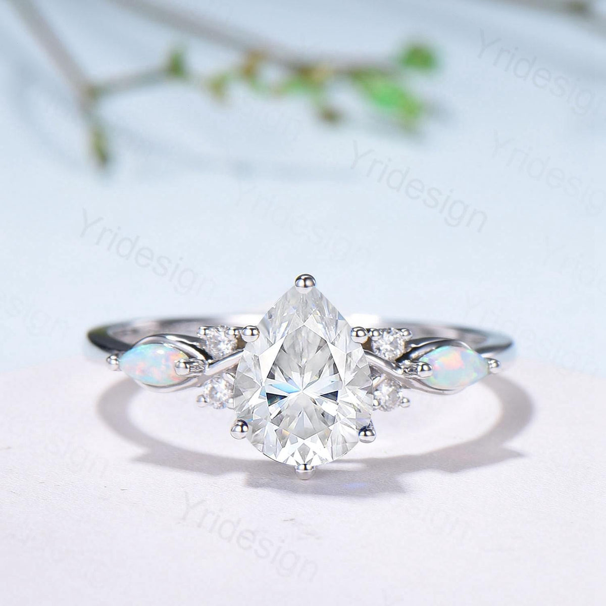 Vintage Pear Shaped Moissanite Wedding Ring Set, White Gold Accent Opal Stacking Band, Unique Moissanite Engagement Ring For Women