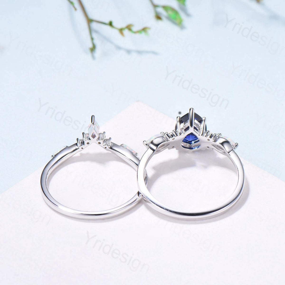 Vintage Pear Shaped Moissanite Wedding Ring Set, White Gold Accent Opal Stacking Band, Unique Moissanite Engagement Ring For Women