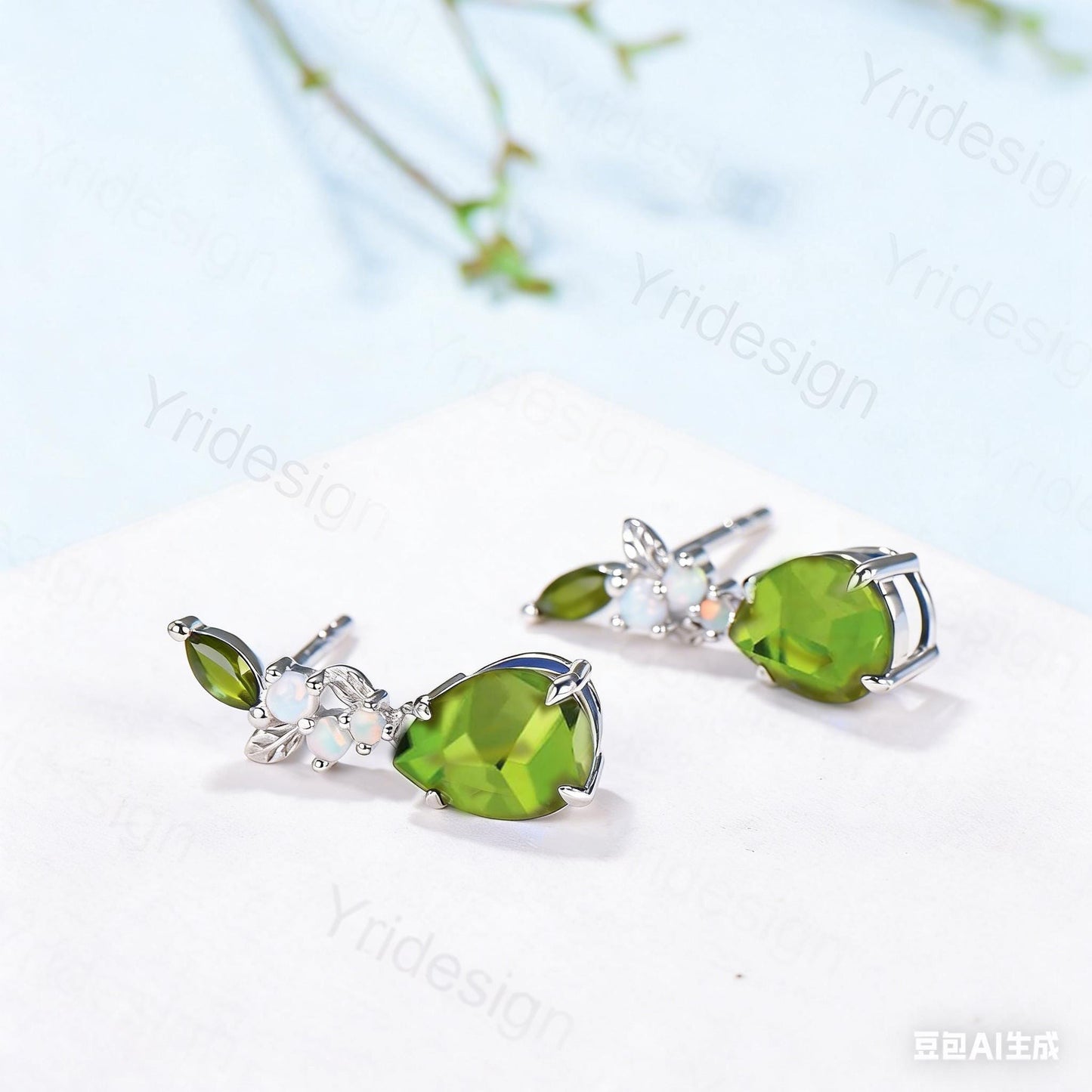 Vintage Pear Shaped Peridot Earrings, Leaf Vine Studs, Silver White Gold Nature Inspired Opal Earrings for Women