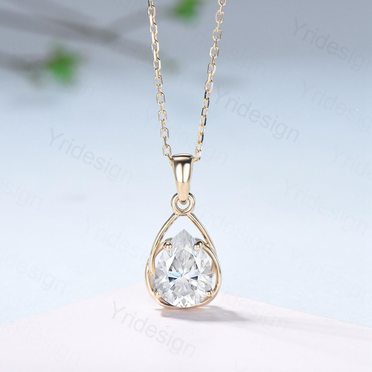 Twisted Gold Teardrop Moissanite Pendant Necklace | Wire-Wrapped Pear Lab Grown Diamond Fine Jewelry | Delicate Open-Frame Drop Necklace