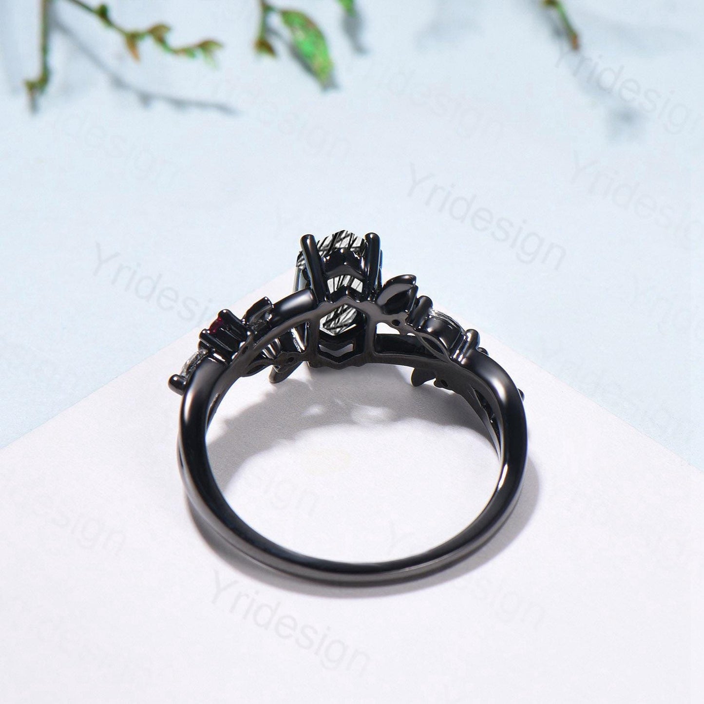 Art Deco Long Hexagon Cut Black Rutilated Quartz Engagement Ring Black Gold Gothic Engagement Ring Leaf Vine Black Spinel Moissanite Band