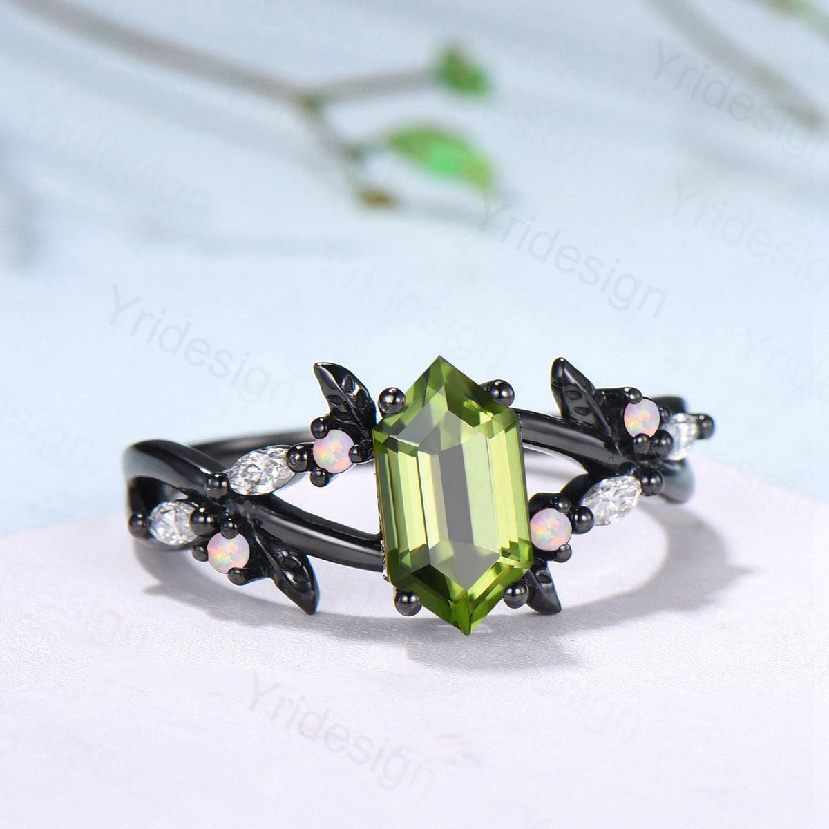 Unique Black Gold Natural Peridot Engagement Ring, Gothic Opal Moissanite Leaf Vine Wedding Ring Long Hexagon Cut August Birthstone Jewelry