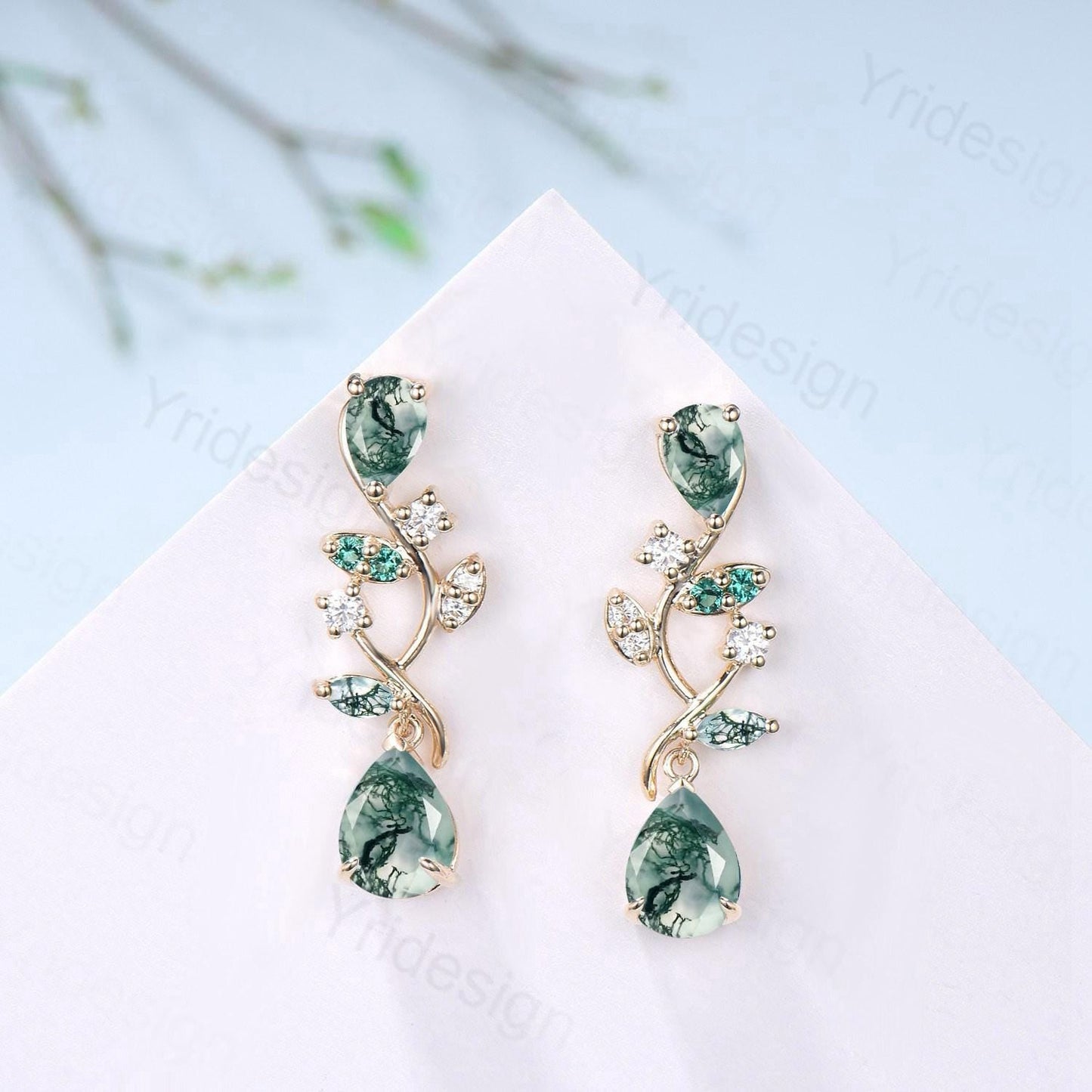 Elegant Moss Agate Earrings Nature Inspired Pear Shaped Studs Earrings Leaf Vine Stud Earrings Handmade Anniversary Promise Gift for Women