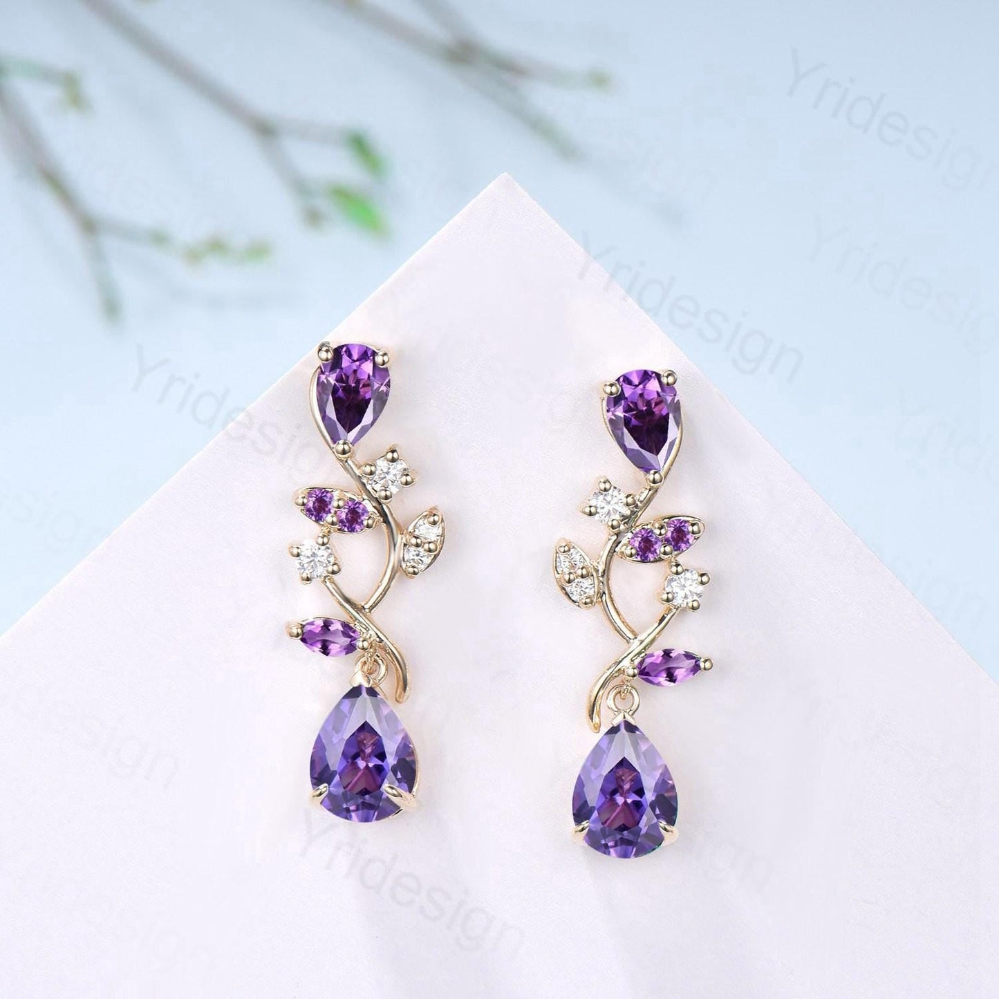 Nature Inspired Teardrop Amethyst Studs Earrings Pear Shaped Purple Gemstone Leaf Vine Stud Delicate Earrings Anniversary Promise Gift Women