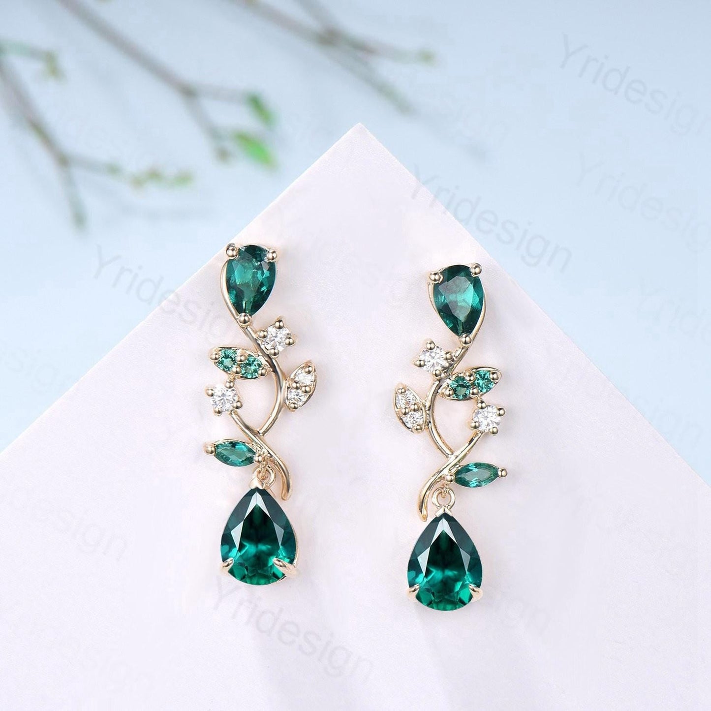 Elegant Pear Shaped Emerald Earrings Nature Inspired May Birthstone Studs Earrings Leaf Vine Handmade Anniversary Promise Gift for Daughter