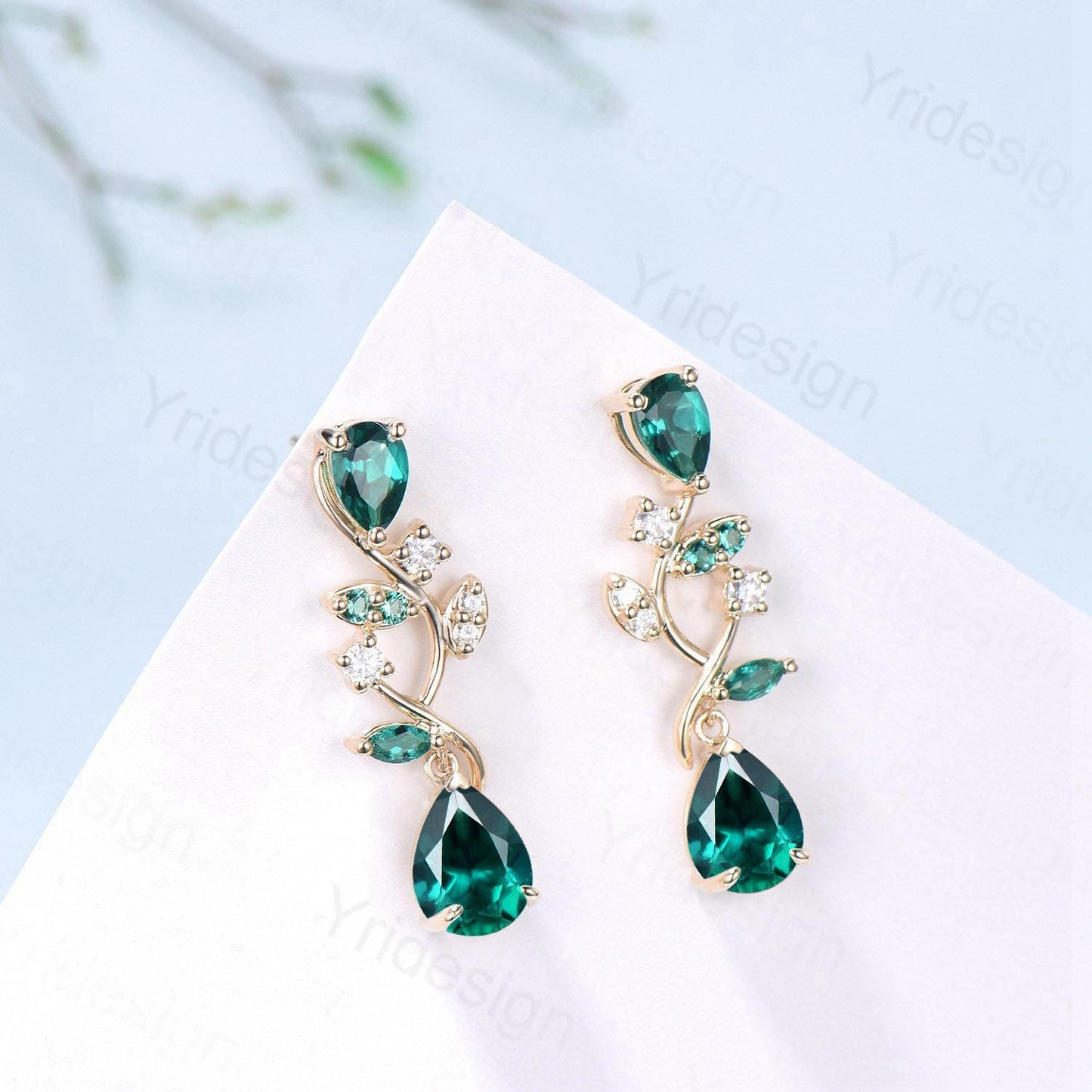 Elegant Pear Shaped Emerald Earrings Nature Inspired May Birthstone Studs Earrings Leaf Vine Handmade Anniversary Promise Gift for Daughter