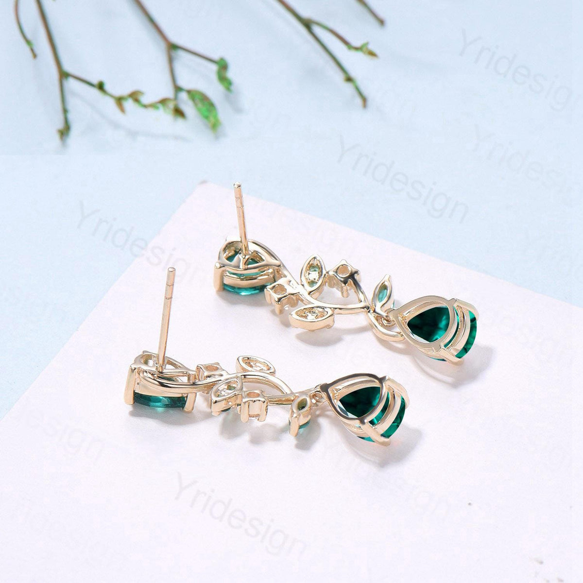 Elegant Pear Shaped Emerald Earrings Nature Inspired May Birthstone Studs Earrings Leaf Vine Handmade Anniversary Promise Gift for Daughter
