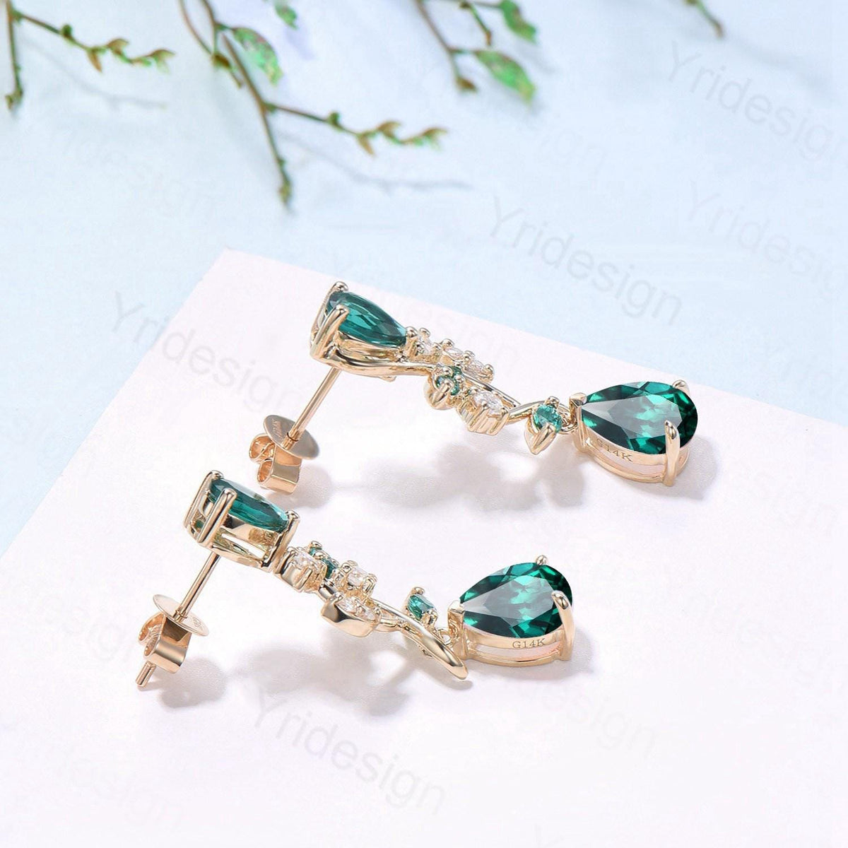 Elegant Pear Shaped Emerald Earrings Nature Inspired May Birthstone Studs Earrings Leaf Vine Handmade Anniversary Promise Gift for Daughter
