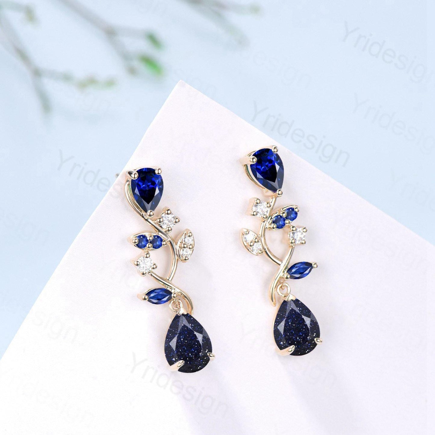 Dainty Pear Shaped Blue Sandstone Earrings Nature Inspired Sapphire Leaf Vine Stud Silver 14K Yellow Gold Anniversary Gift For Daughter
