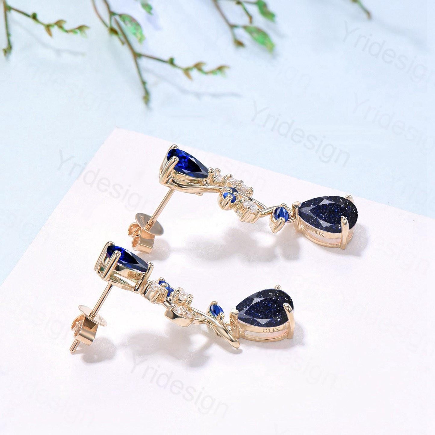 Dainty Pear Shaped Blue Sandstone Earrings Nature Inspired Sapphire Leaf Vine Stud Silver 14K Yellow Gold Anniversary Gift For Daughter