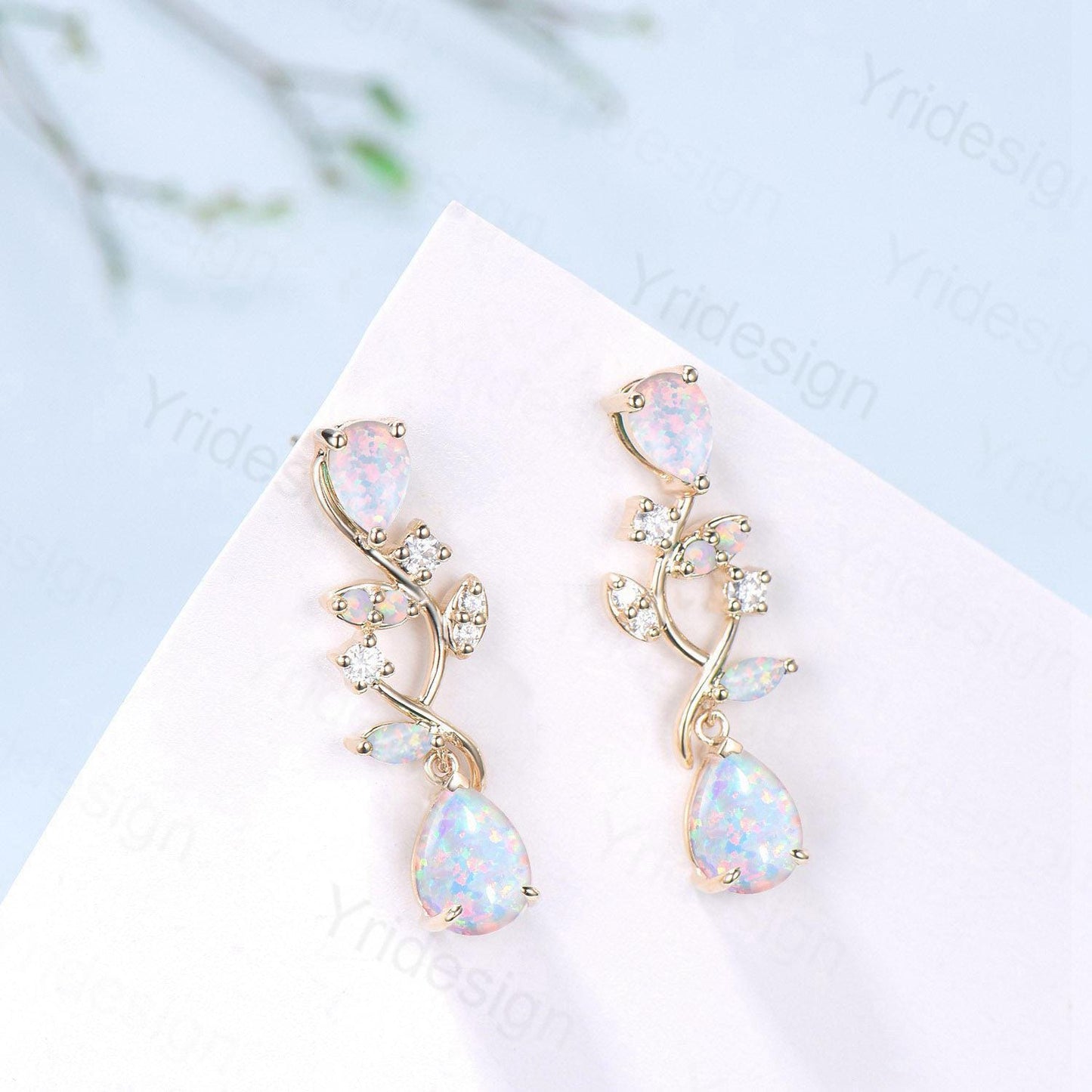 Nature Inspired Teardrop Opal Earrings Elegant Pear Shaped White Fire Opal Leaf Stud 14K Yellow Gold October Birthstone  Anniversary Gift