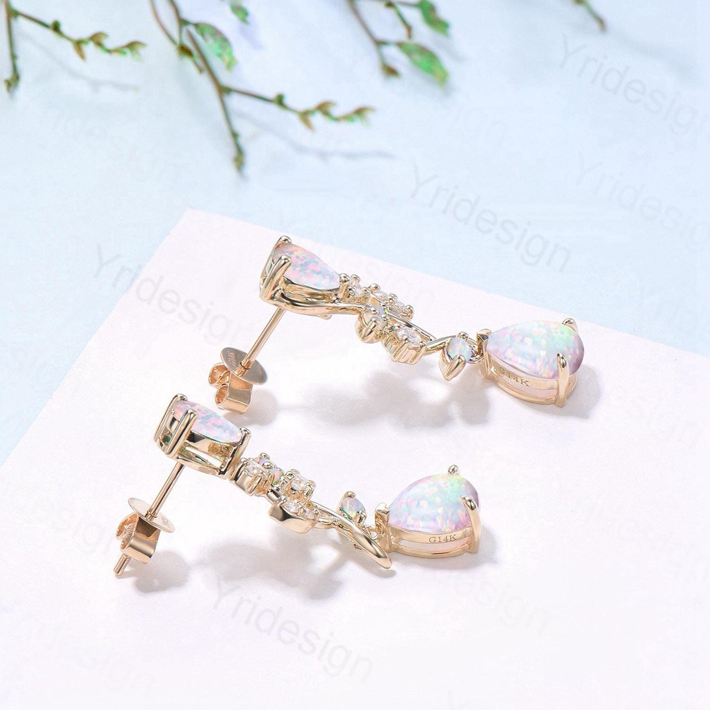 Nature Inspired Teardrop Opal Earrings Elegant Pear Shaped White Fire Opal Leaf Stud 14K Yellow Gold October Birthstone  Anniversary Gift