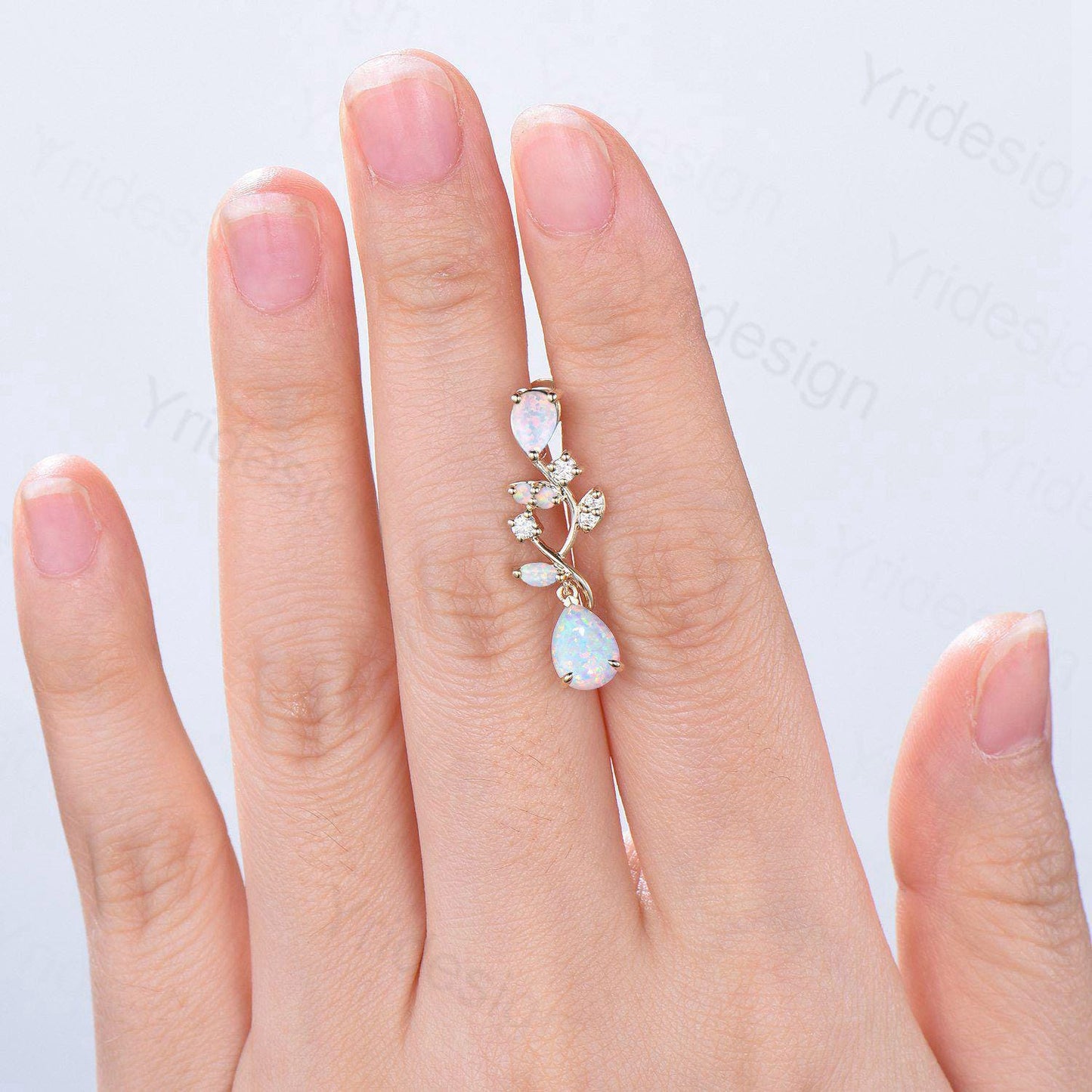 Nature Inspired Teardrop Opal Earrings Elegant Pear Shaped White Fire Opal Leaf Stud 14K Yellow Gold October Birthstone  Anniversary Gift