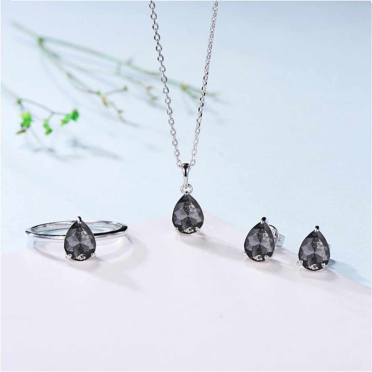 Dainty Pear Shaped Salt and Pepper Diamond Wedding Bridal  Set, 18K White Gold Peper Diamond Engagement Ring/Pendnat Nekclace/Studs Earrings
