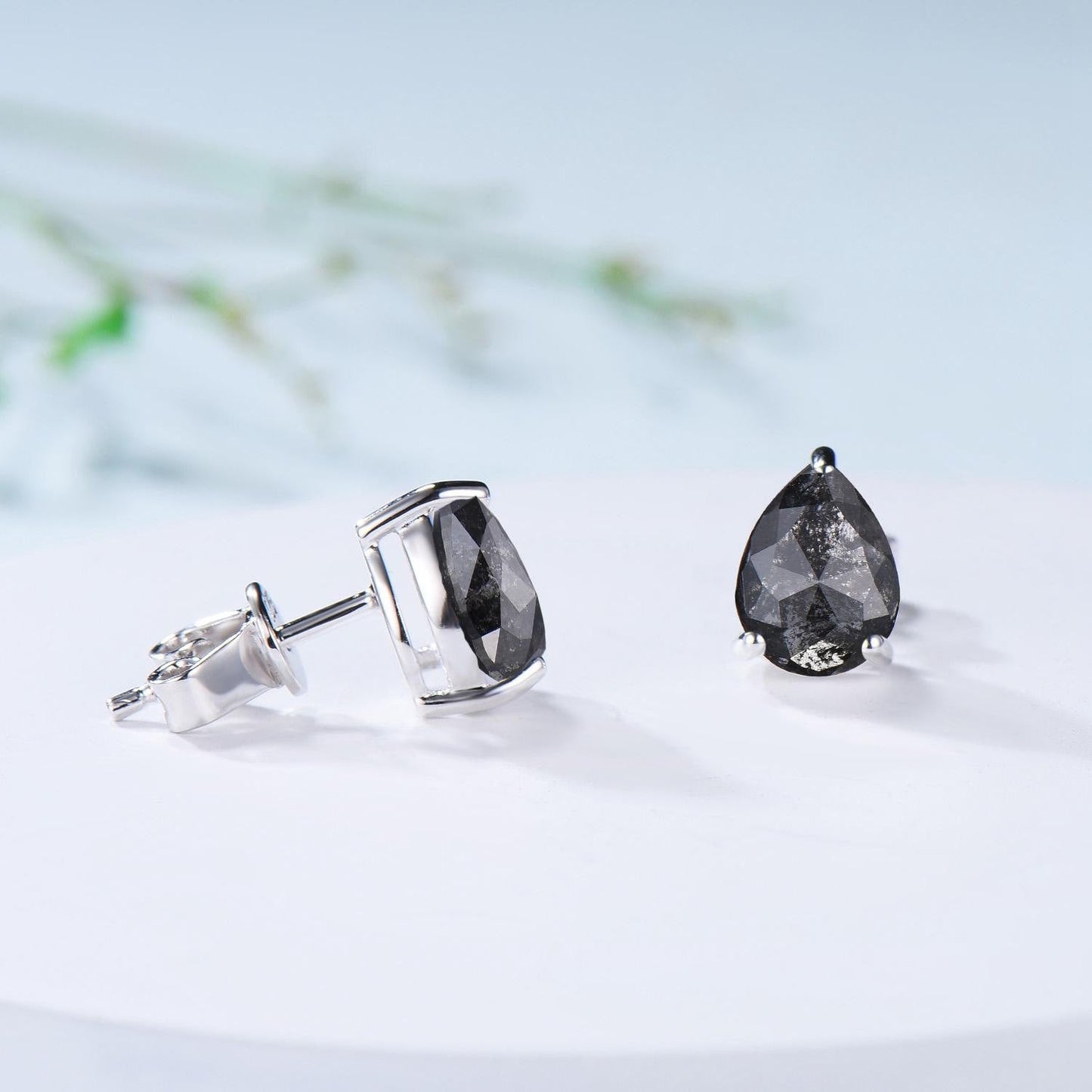 Dainty Pear Shaped Salt and Pepper Diamond Wedding Bridal  Set, 18K White Gold Peper Diamond Engagement Ring/Pendnat Nekclace/Studs Earrings