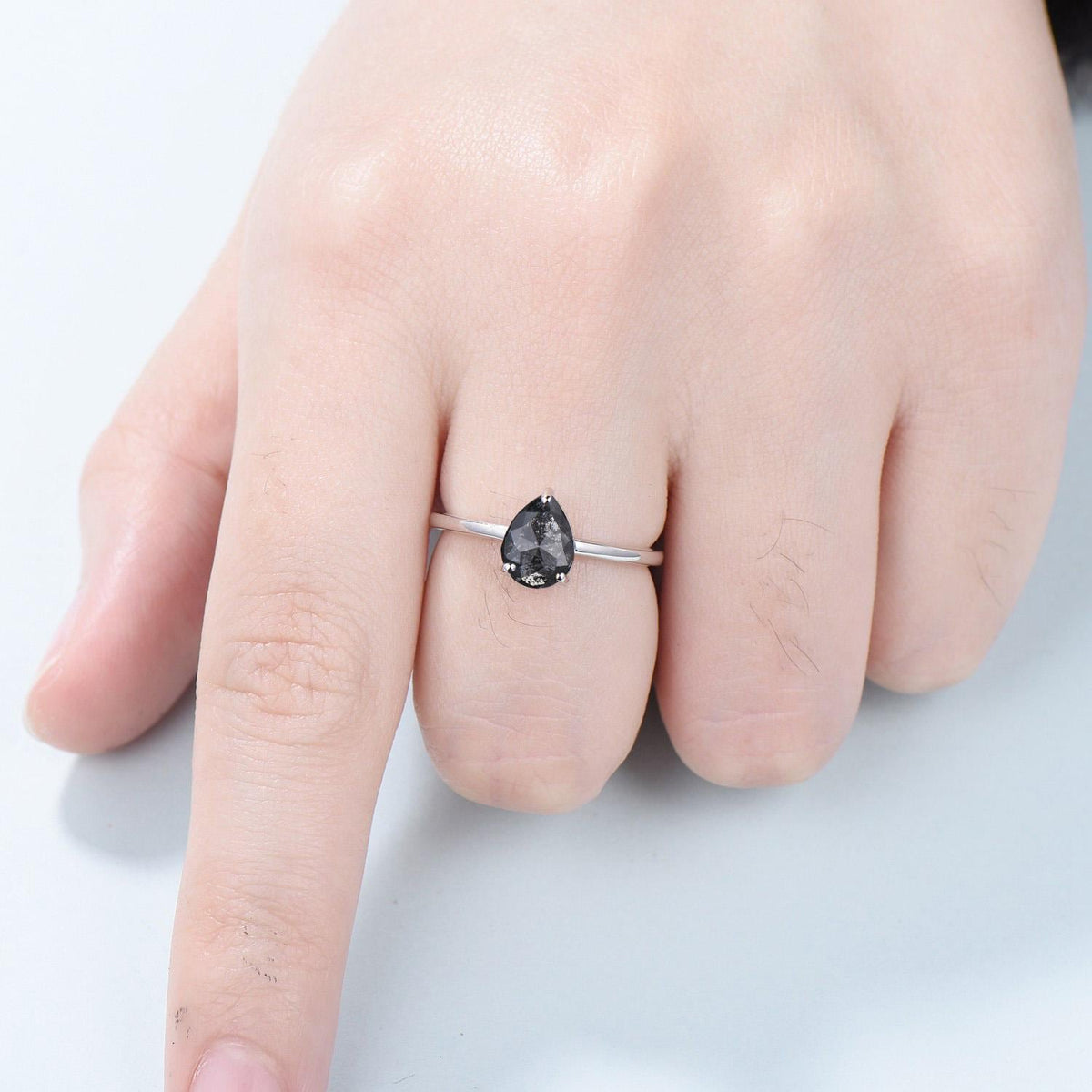 Dainty Pear Shaped Salt and Pepper Diamond Wedding Bridal  Set, 18K White Gold Peper Diamond Engagement Ring/Pendnat Nekclace/Studs Earrings