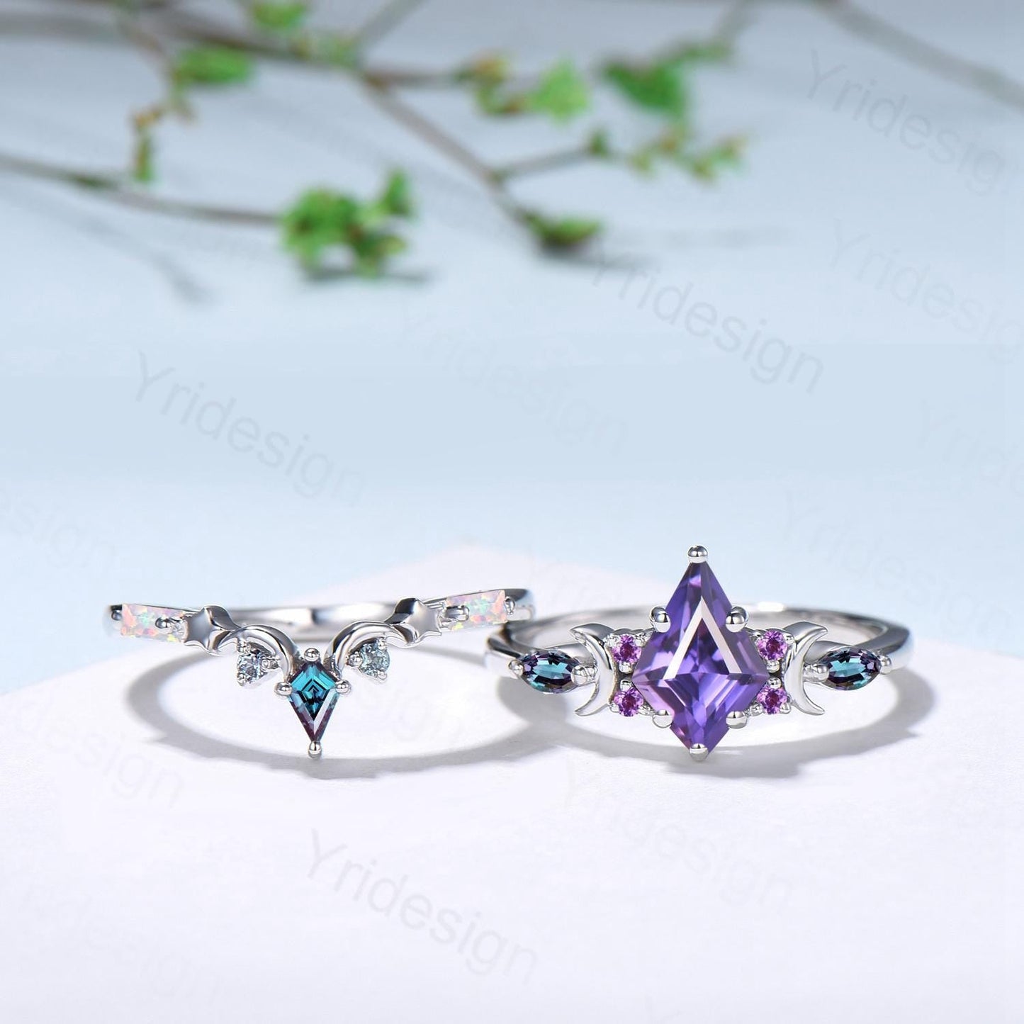 Midnight Sky Kite Cut Purple Sapphire Bridal Set- Alexandrite & Opal with Moon & Star