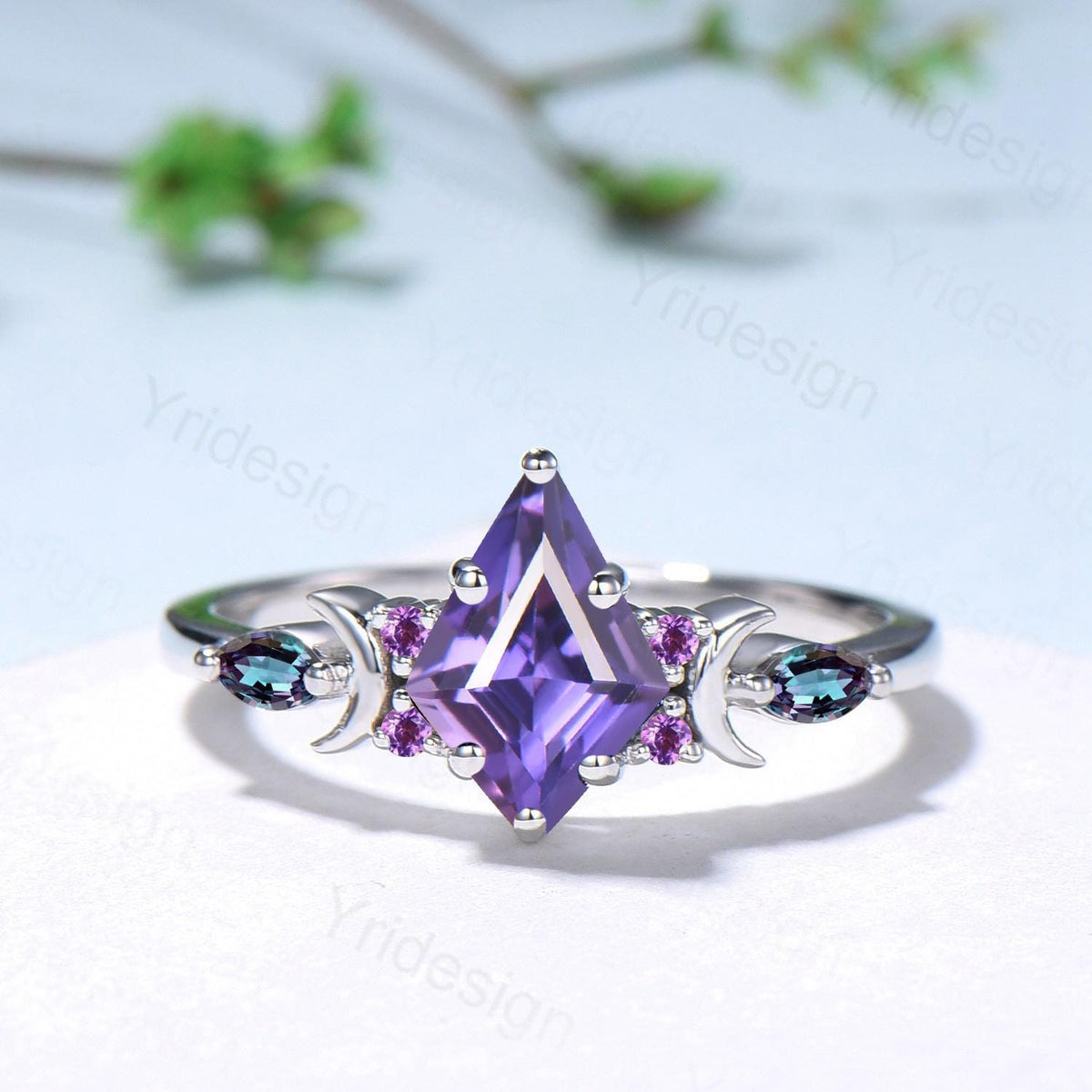 Midnight Sky Kite Cut Purple Sapphire Bridal Set- Alexandrite & Opal with Moon & Star