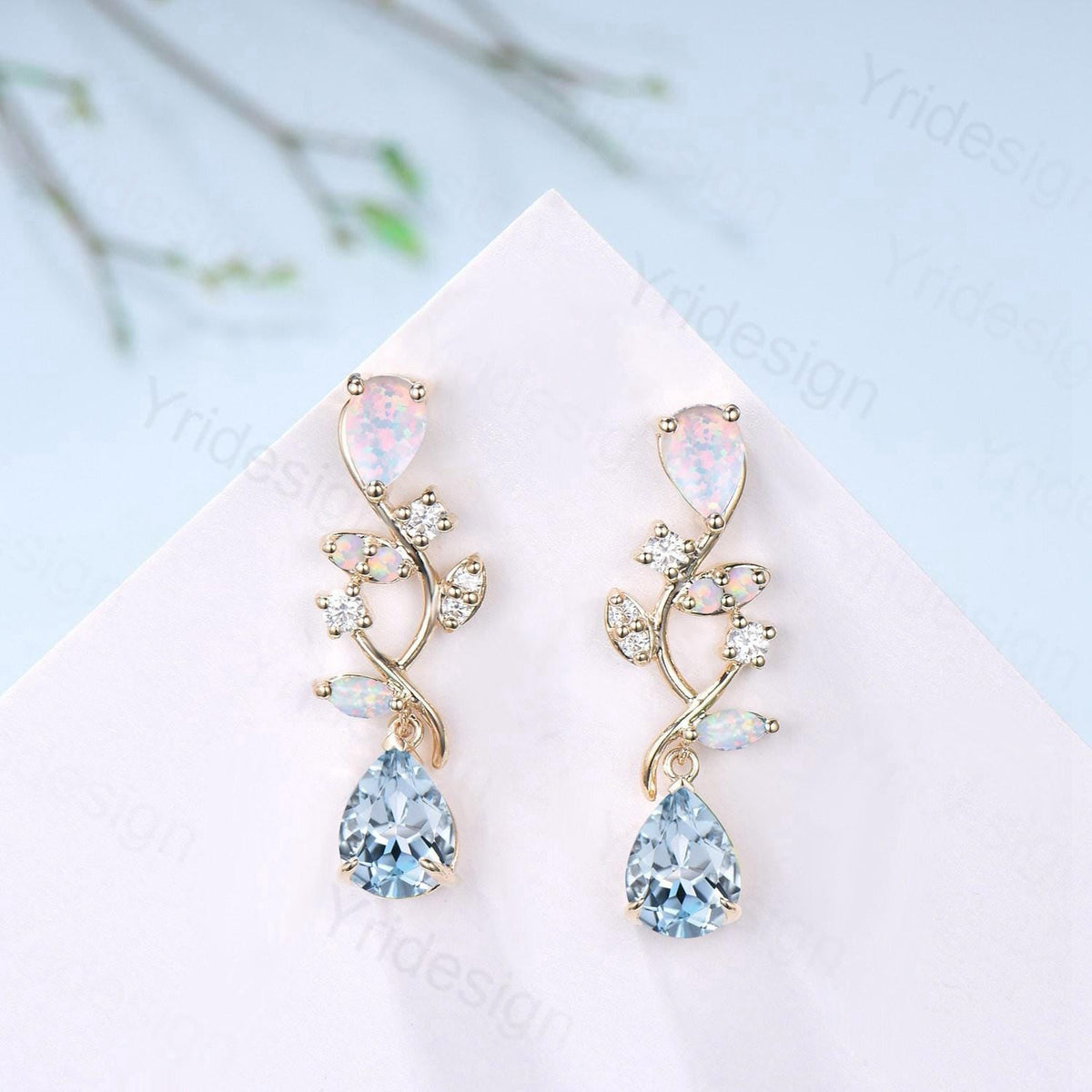 Nature Inspired Pear Shaped Aquamarine Earrings Elegant Opal Leaf Vine Earrings Silver Earrings Handmade March Birthstone Anniversary Gift