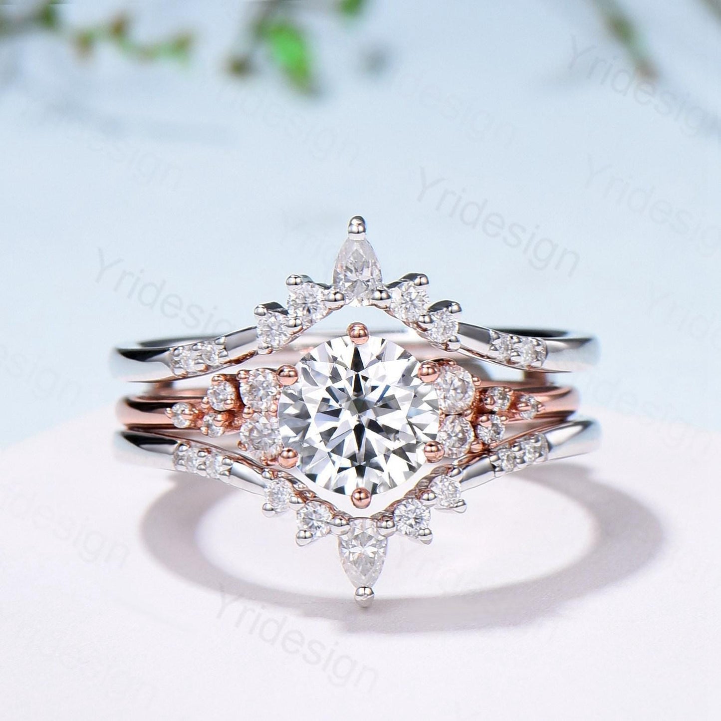Snowdrift Moissanite Wedding Set, Round Brilliant Lab Grown Diamond Engagement Ring Set, Enhancer Stacking Band , Solid Gold Bridla Set