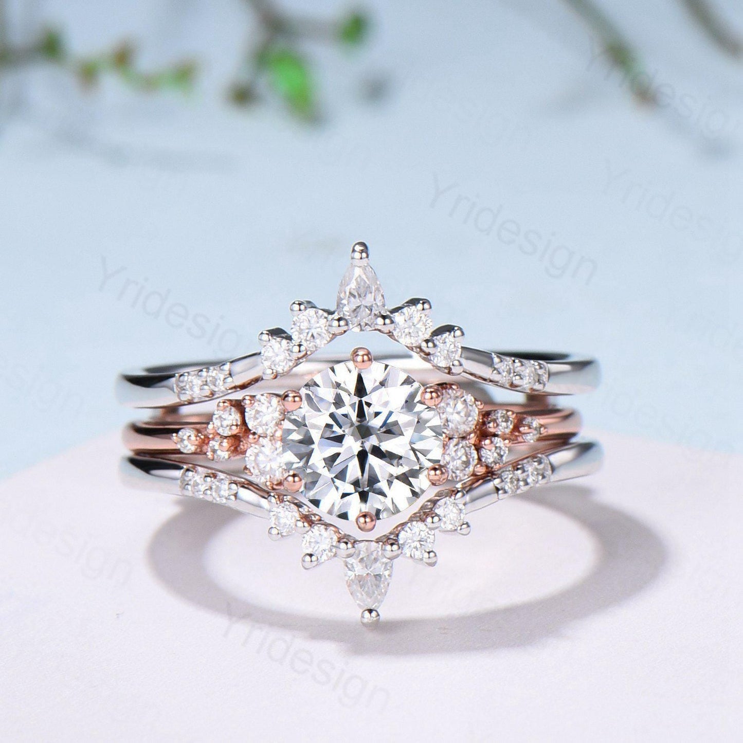 Snowdrift Moissanite Wedding Set, Round Brilliant Lab Grown Diamond Engagement Ring Set, Enhancer Stacking Band , Solid Gold Bridla Set