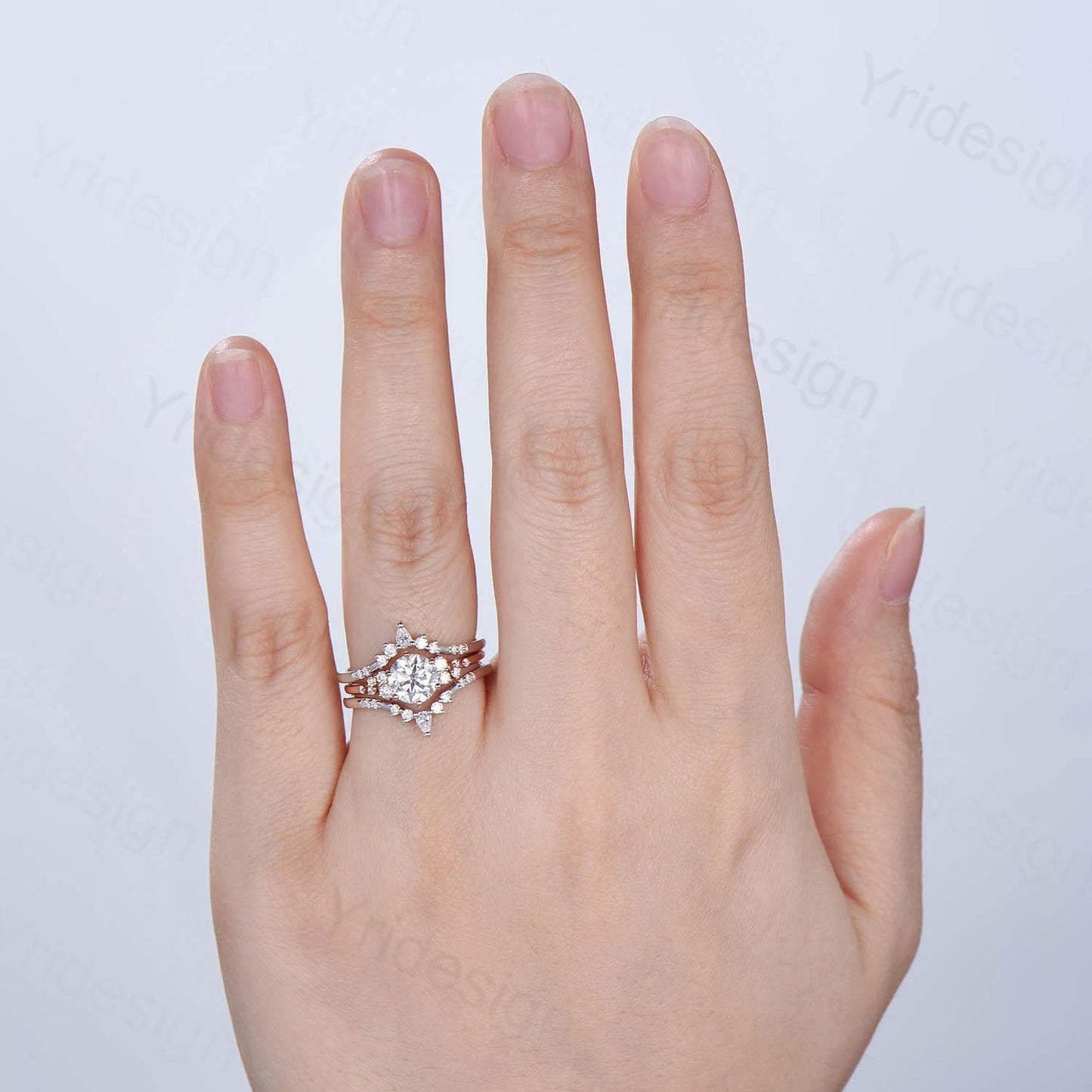 Snowdrift Moissanite Wedding Set, Round Brilliant Lab Grown Diamond Engagement Ring Set, Enhancer Stacking Band , Solid Gold Bridla Set